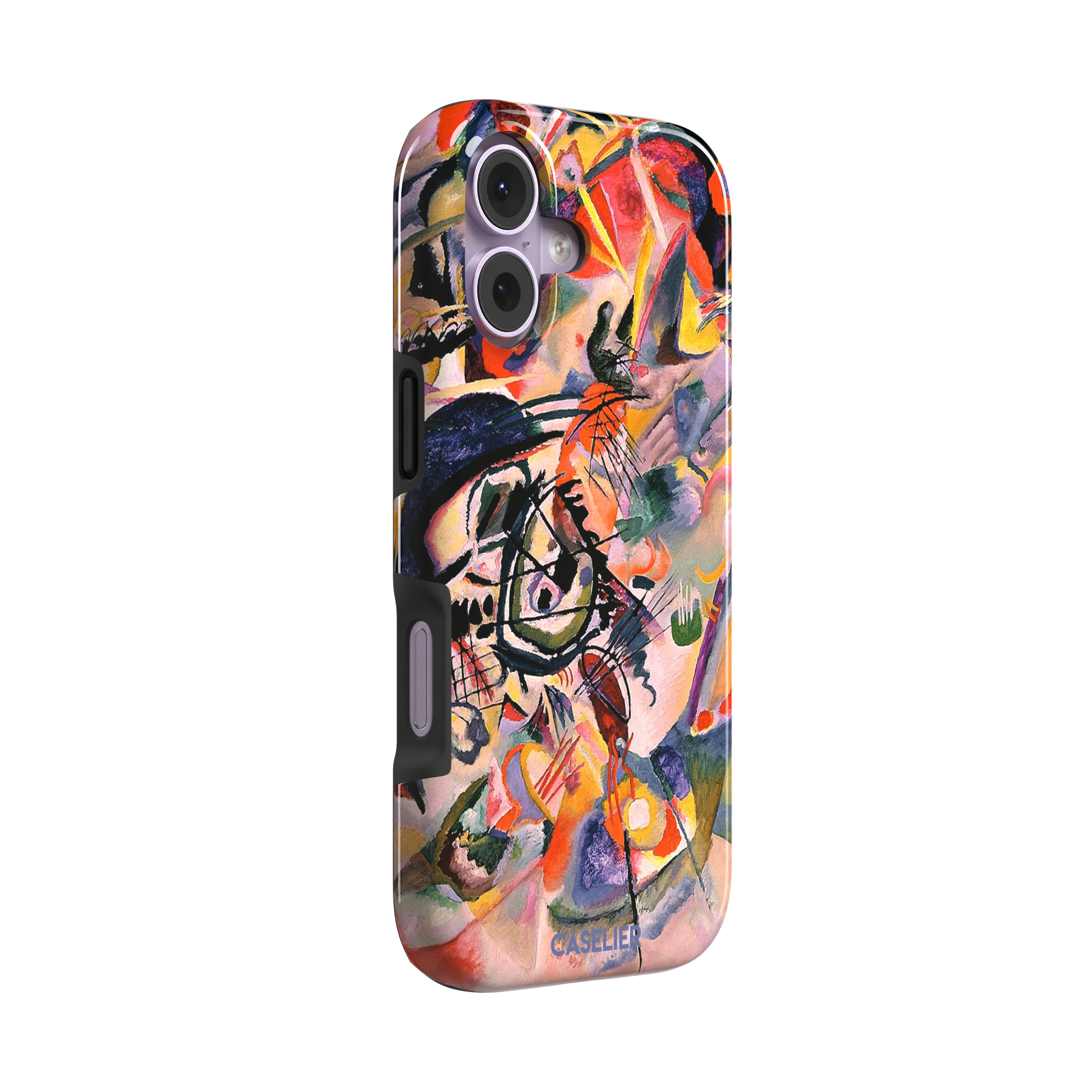 Composition VII by Wassily Kandinsky phone case featuring swirling black lines, fiery red and orange bursts, and soft violet and yellow abstract forms, phone case by Caselier — tough case, left view