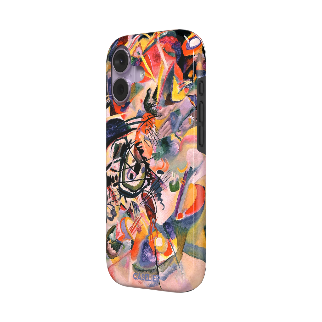 Composition VII by Wassily Kandinsky phone case featuring swirling black lines, fiery red and orange bursts, and soft violet and yellow abstract forms, phone case by Caselier — tough case, right view