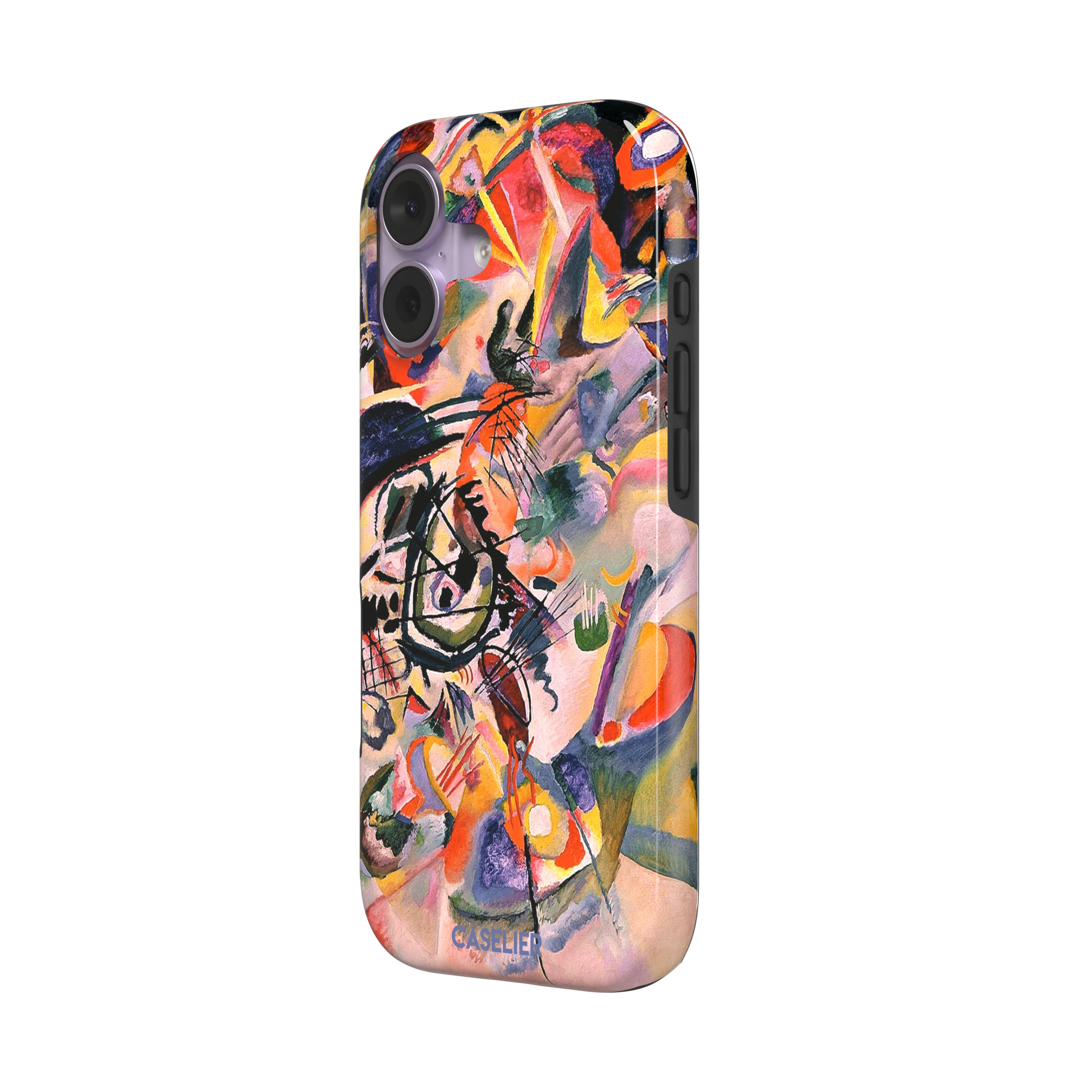 Composition VII by Wassily Kandinsky phone case featuring swirling black lines, fiery red and orange bursts, and soft violet and yellow abstract forms, phone case by Caselier — tough case, right view