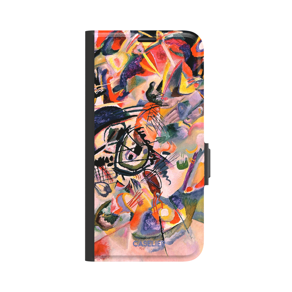 Composition VII by Wassily Kandinsky phone case featuring swirling black lines, fiery red and orange bursts, and soft violet and yellow abstract forms, phone case by Caselier — wallet case, front view