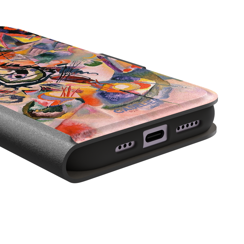 Composition VII by Wassily Kandinsky phone case featuring swirling black lines, fiery red and orange bursts, and soft violet and yellow abstract forms, phone case by Caselier — wallet case, charging port detail