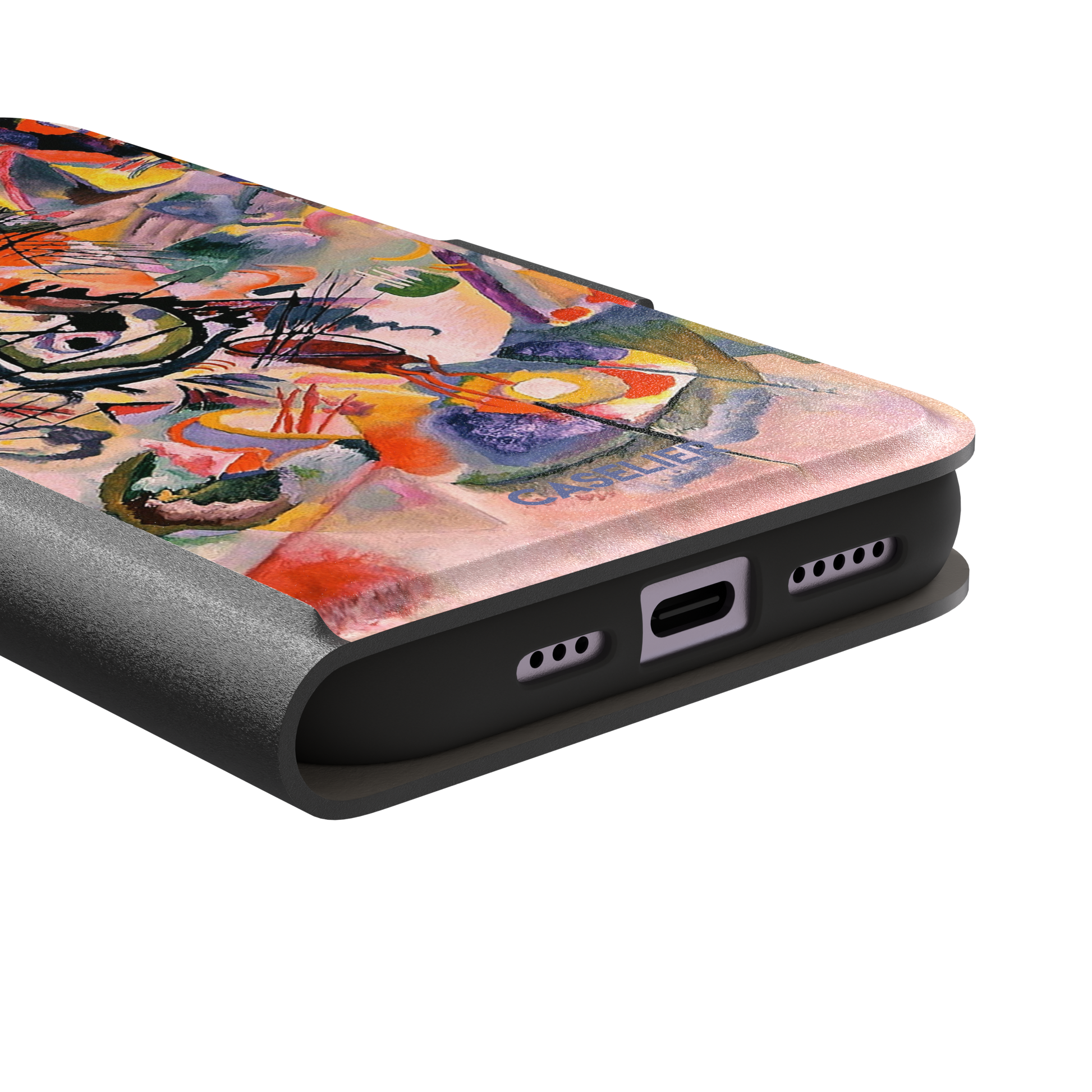 Composition VII by Wassily Kandinsky phone case featuring swirling black lines, fiery red and orange bursts, and soft violet and yellow abstract forms, phone case by Caselier — wallet case, charging port detail