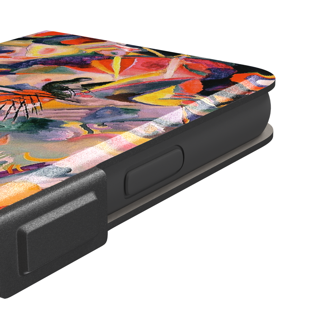 Composition VII by Wassily Kandinsky phone case featuring swirling black lines, fiery red and orange bursts, and soft violet and yellow abstract forms, phone case by Caselier — wallet case, volume buttons detail