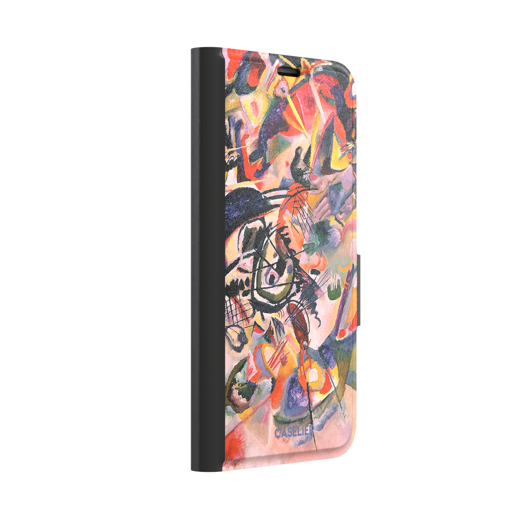 Composition VII by Wassily Kandinsky phone case featuring swirling black lines, fiery red and orange bursts, and soft violet and yellow abstract forms, phone case by Caselier — wallet case, left view