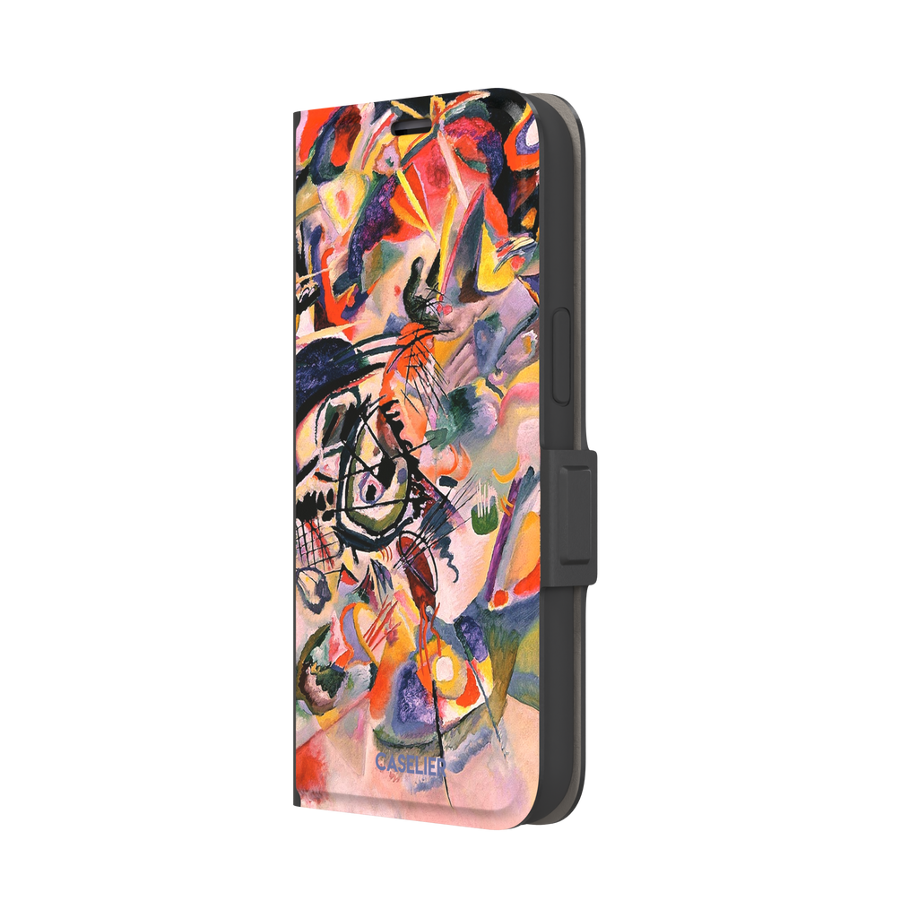 Composition VII by Wassily Kandinsky phone case featuring swirling black lines, fiery red and orange bursts, and soft violet and yellow abstract forms, phone case by Caselier — wallet case, right view