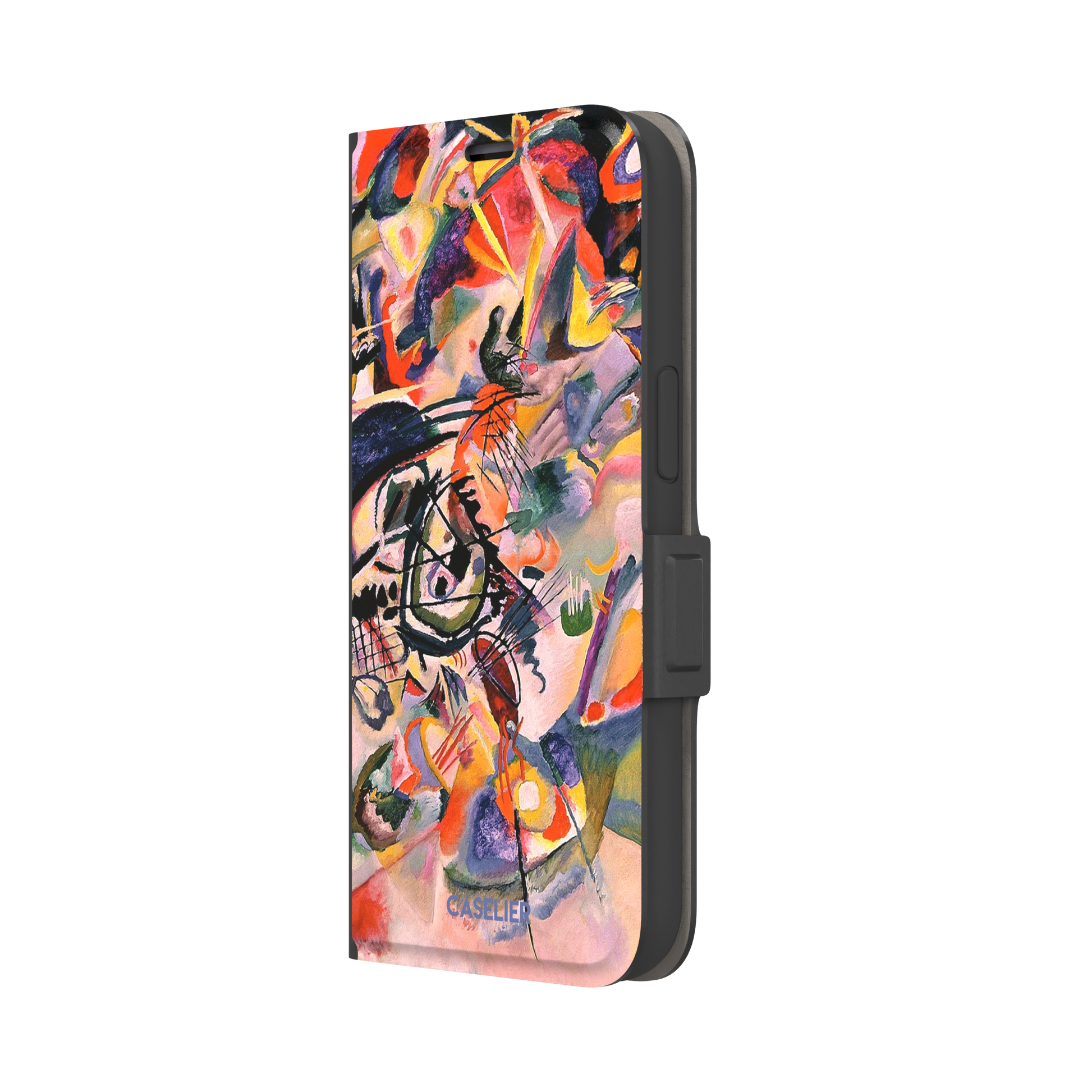 Composition VII by Wassily Kandinsky phone case featuring swirling black lines, fiery red and orange bursts, and soft violet and yellow abstract forms, phone case by Caselier — wallet case, right view