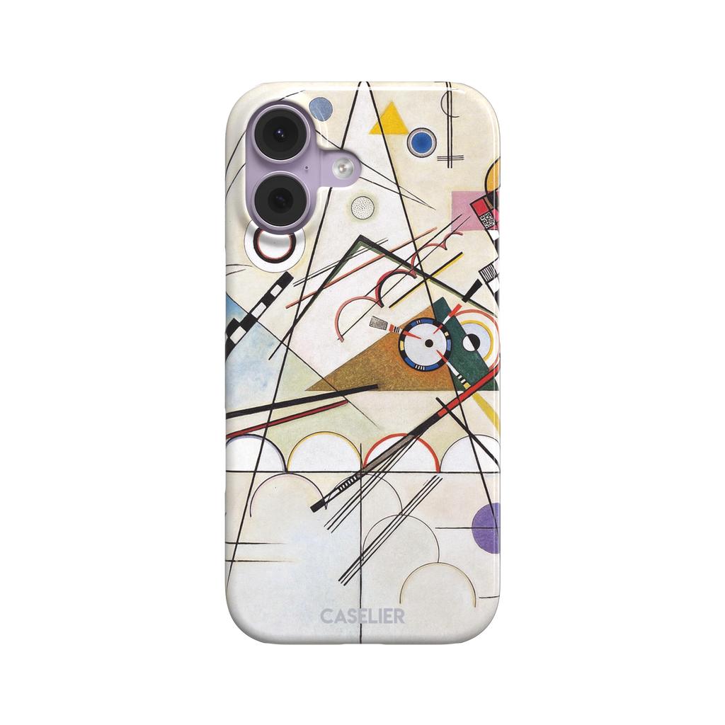 Composition VIII by Wassily Kandinsky phone case featuring intersecting black lines, geometric shapes, and multicolor accents on a cream background, phone case by Caselier — snap case, front view