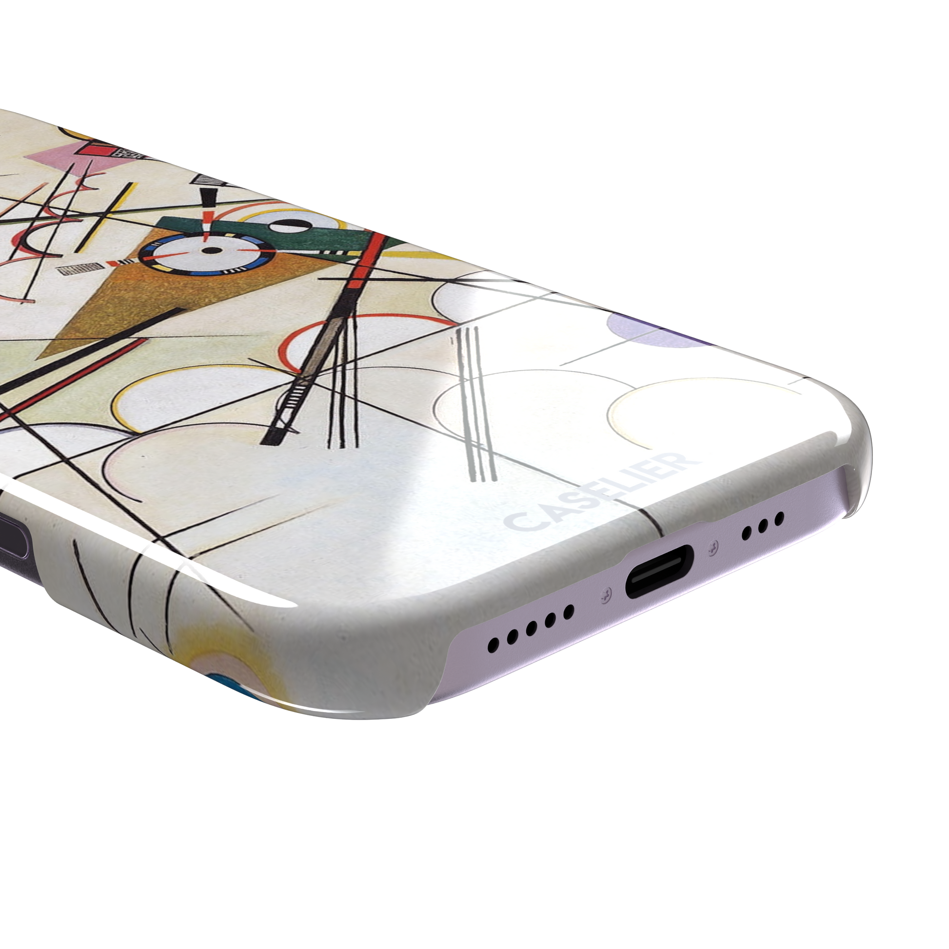 Composition VIII by Wassily Kandinsky phone case featuring intersecting black lines, geometric shapes, and multicolor accents on a cream background, phone case by Caselier — snap case, charging port detail