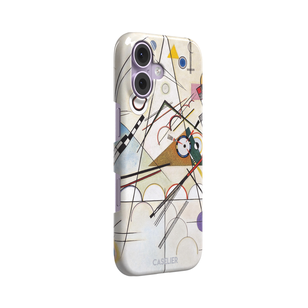 Composition VIII by Wassily Kandinsky phone case featuring intersecting black lines, geometric shapes, and multicolor accents on a cream background, phone case by Caselier — snap case, left view