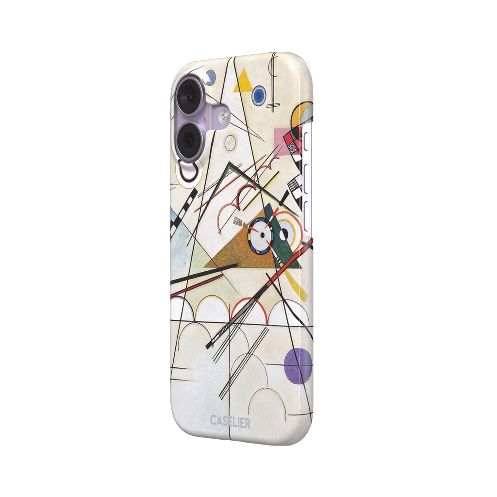 Composition VIII by Wassily Kandinsky phone case featuring intersecting black lines, geometric shapes, and multicolor accents on a cream background, phone case by Caselier — snap case, right view