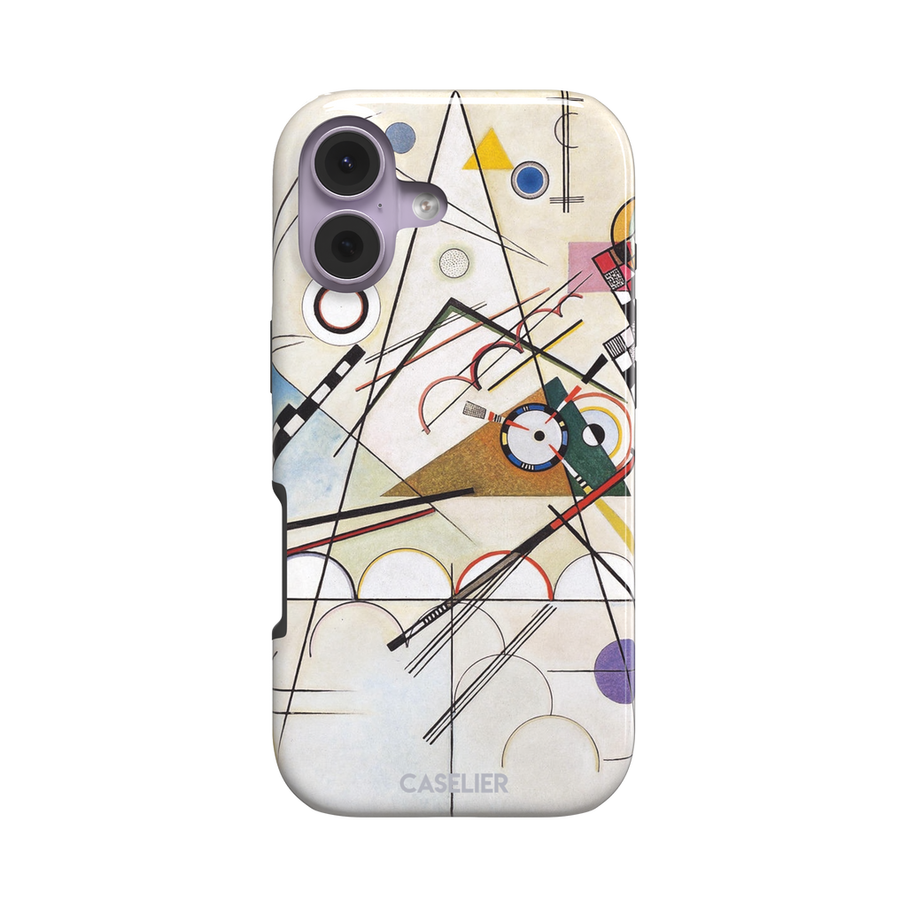 Composition VIII by Wassily Kandinsky phone case featuring intersecting black lines, geometric shapes, and multicolor accents on a cream background, phone case by Caselier — tough case, front view