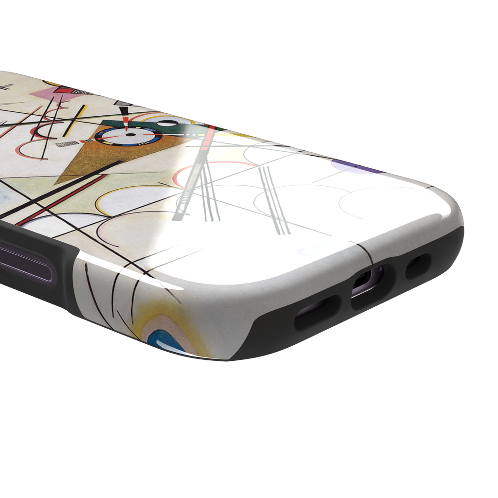 Composition VIII by Wassily Kandinsky phone case featuring intersecting black lines, geometric shapes, and multicolor accents on a cream background, phone case by Caselier — tough case, charging port detail