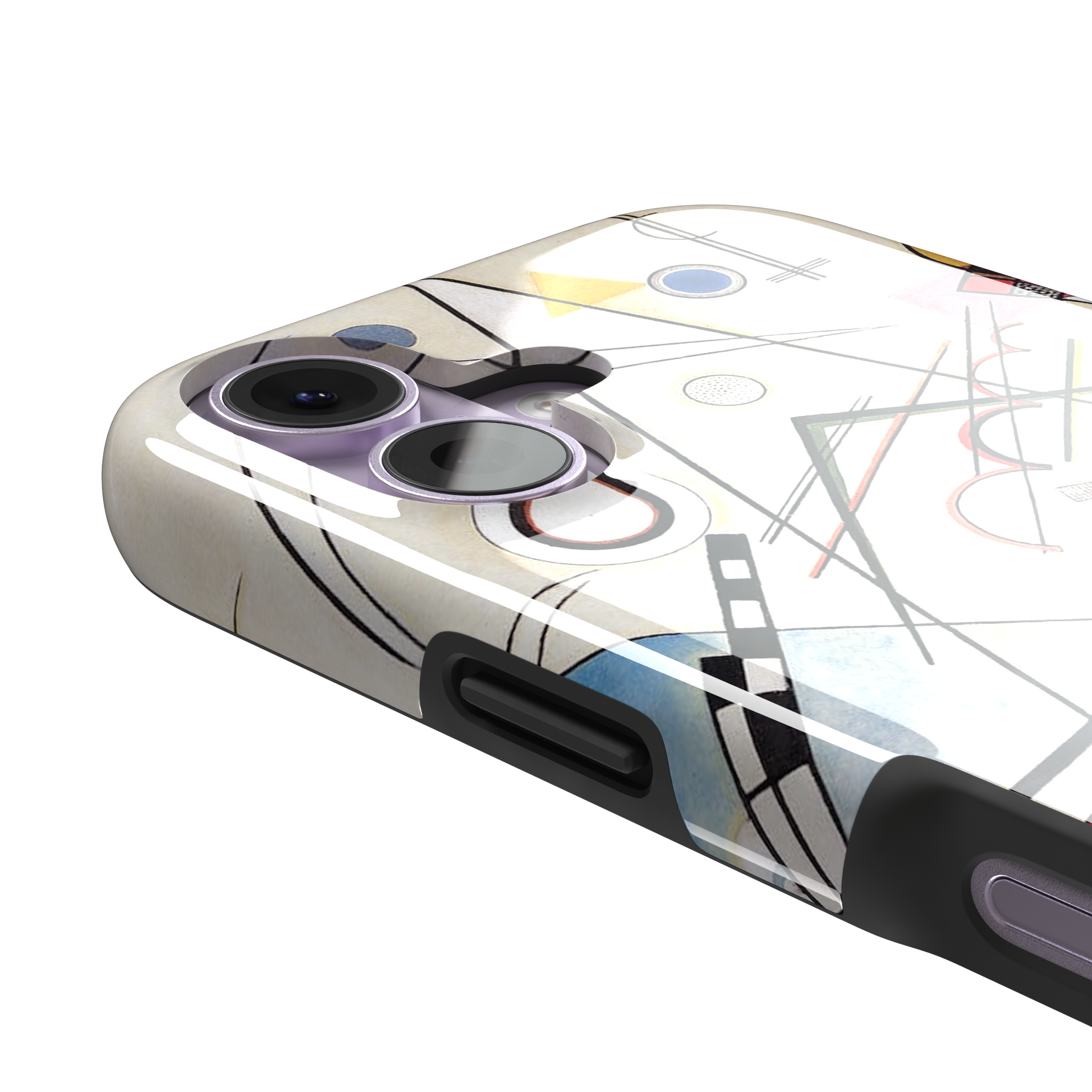 Composition VIII by Wassily Kandinsky phone case featuring intersecting black lines, geometric shapes, and multicolor accents on a cream background, phone case by Caselier — tough case, volume buttons detail