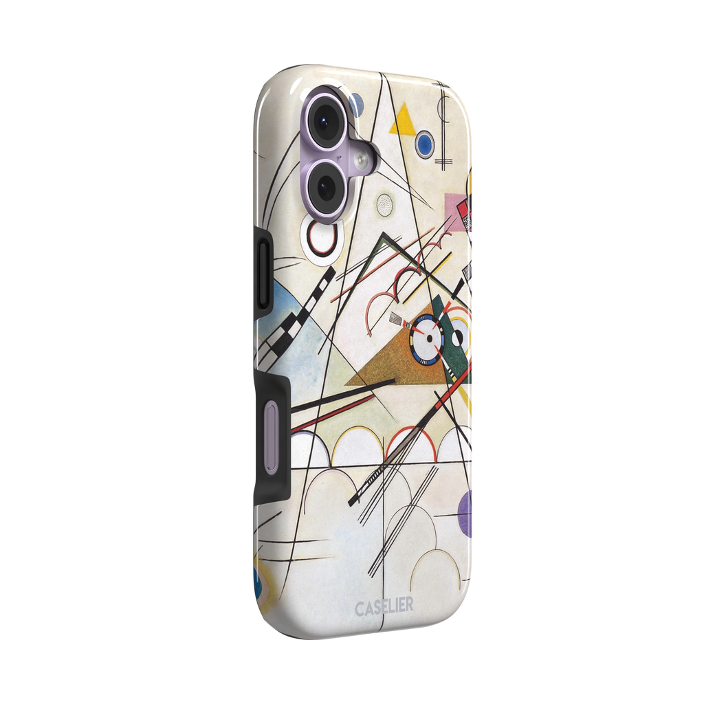 Composition VIII by Wassily Kandinsky phone case featuring intersecting black lines, geometric shapes, and multicolor accents on a cream background, phone case by Caselier — tough case, left view