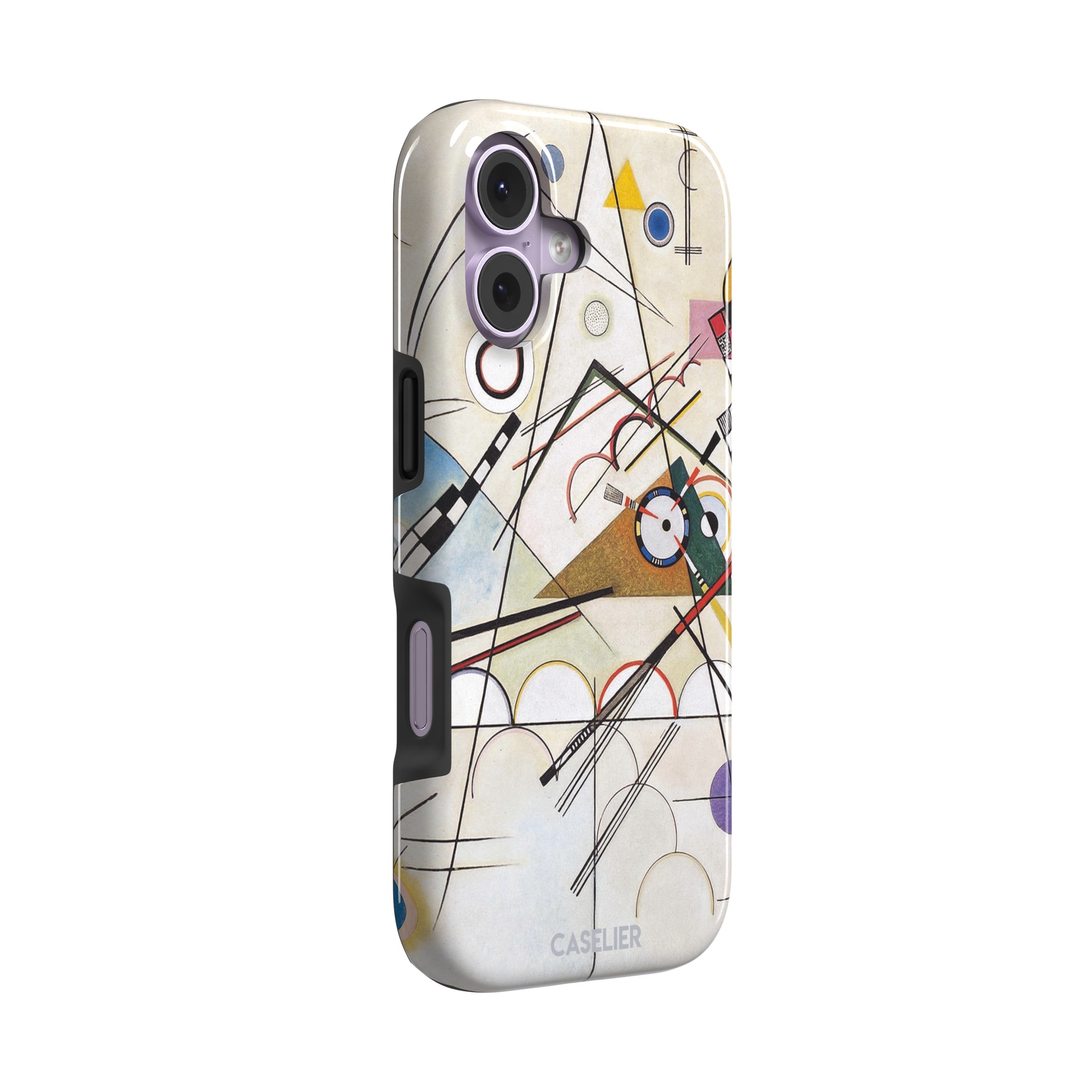 Composition VIII by Wassily Kandinsky phone case featuring intersecting black lines, geometric shapes, and multicolor accents on a cream background, phone case by Caselier — tough case, left view
