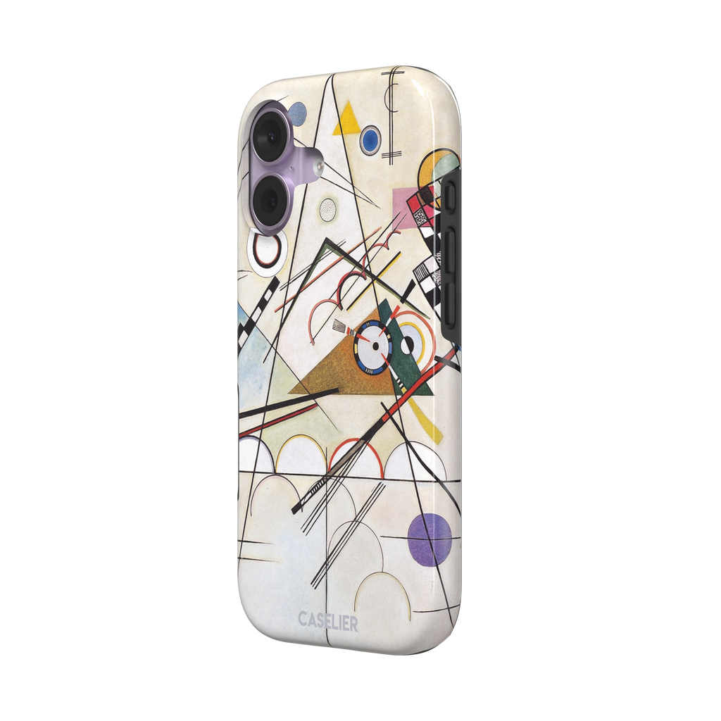 Composition VIII by Wassily Kandinsky phone case featuring intersecting black lines, geometric shapes, and multicolor accents on a cream background, phone case by Caselier — tough case, right view