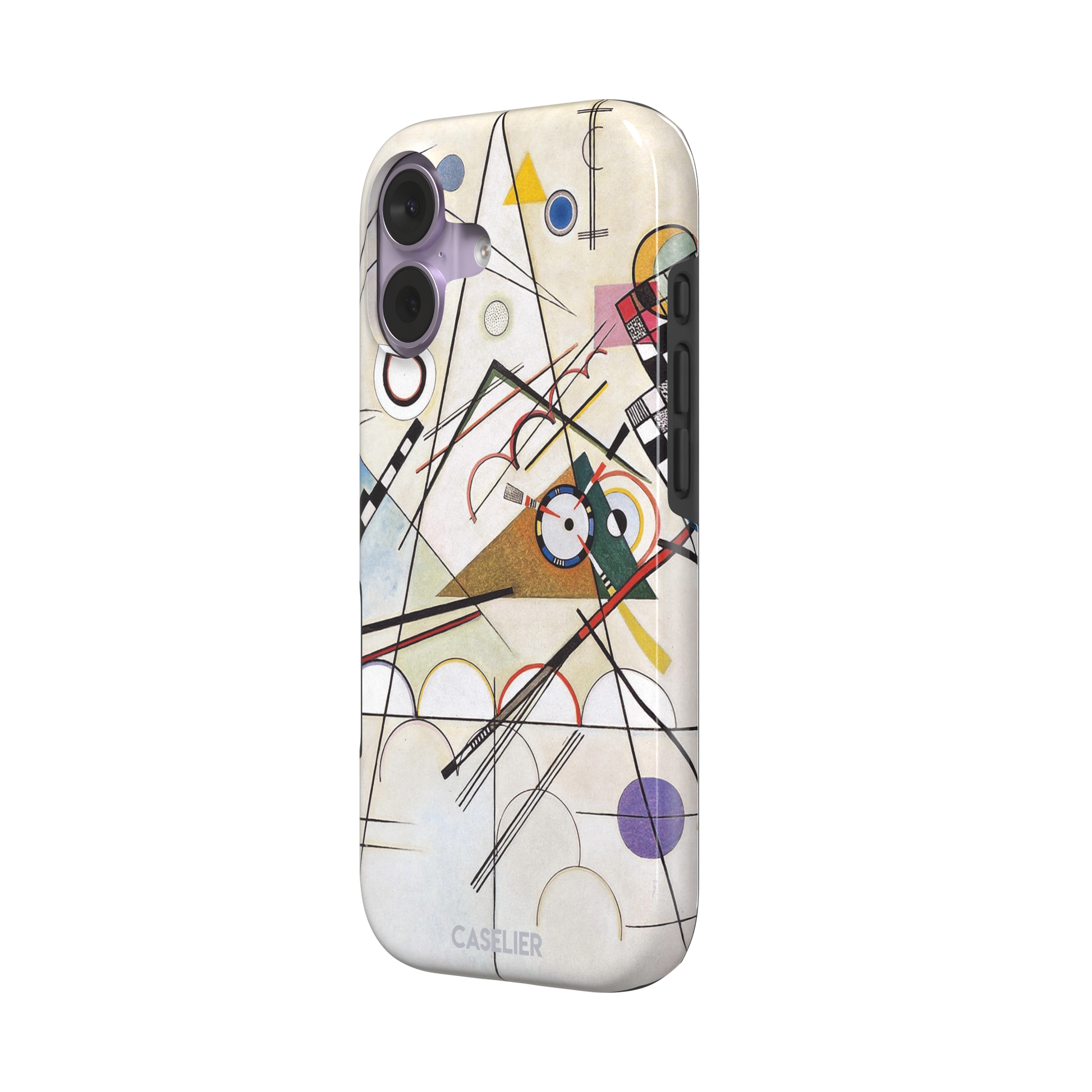 Composition VIII by Wassily Kandinsky phone case featuring intersecting black lines, geometric shapes, and multicolor accents on a cream background, phone case by Caselier — tough case, right view