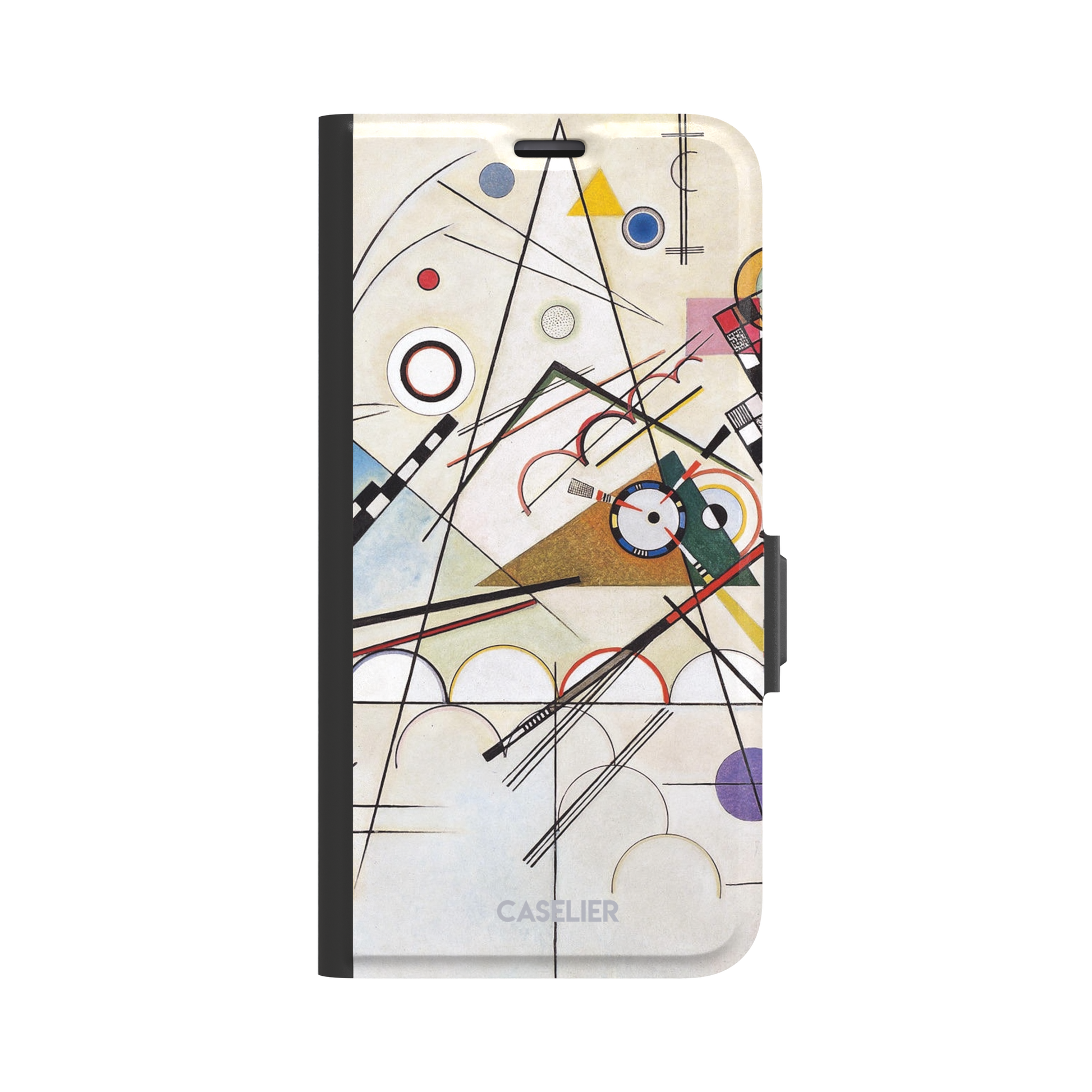 Composition VIII by Wassily Kandinsky phone case featuring intersecting black lines, geometric shapes, and multicolor accents on a cream background, phone case by Caselier — wallet case, front view