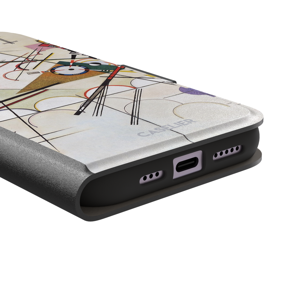 Composition VIII by Wassily Kandinsky phone case featuring intersecting black lines, geometric shapes, and multicolor accents on a cream background, phone case by Caselier — wallet case, charging port detail