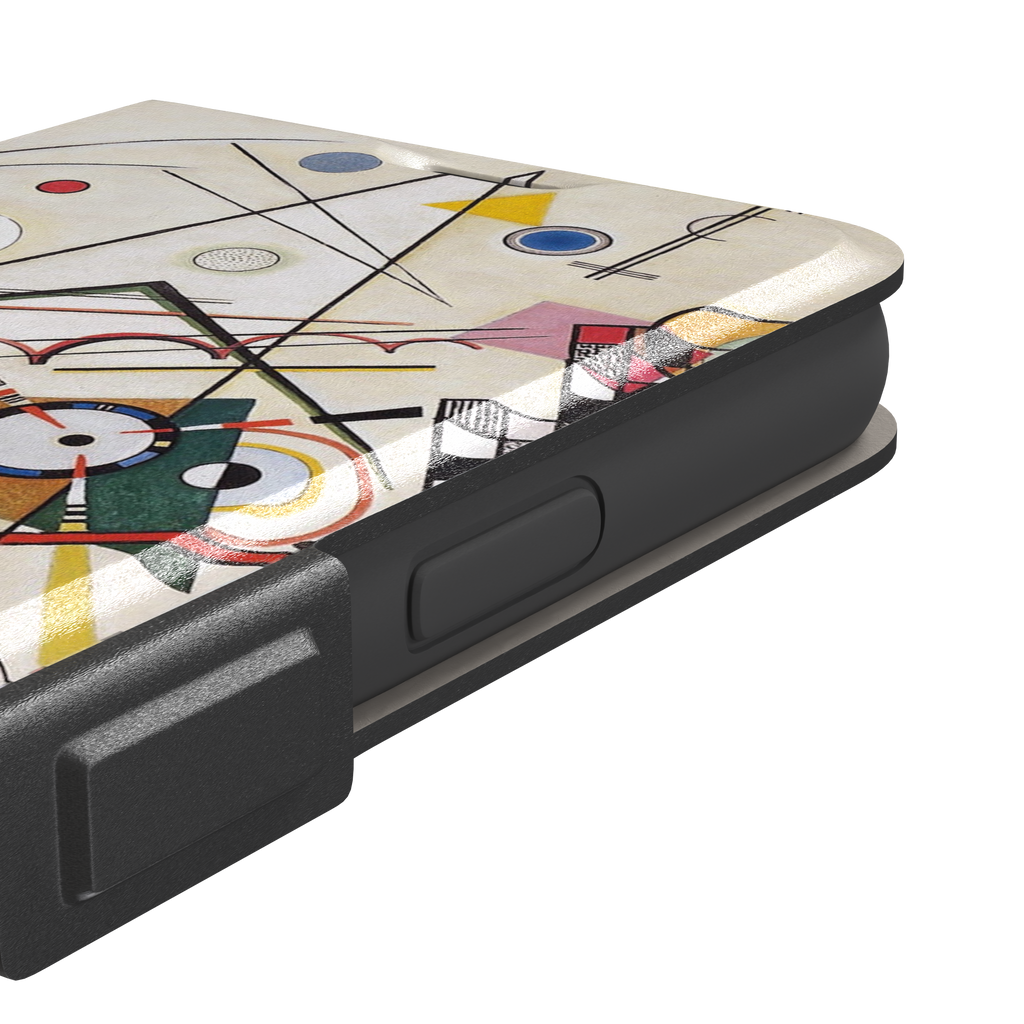 Composition VIII by Wassily Kandinsky phone case featuring intersecting black lines, geometric shapes, and multicolor accents on a cream background, phone case by Caselier — wallet case, volume buttons detail