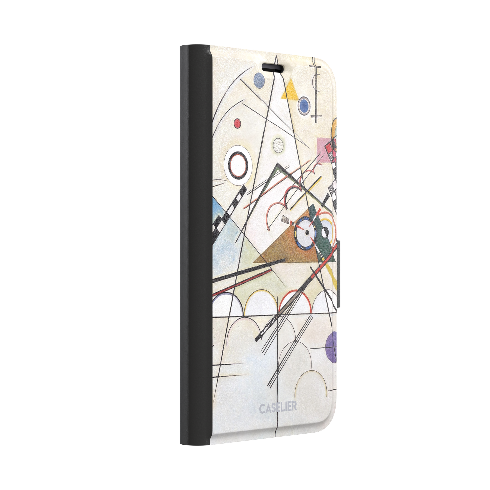 Composition VIII by Wassily Kandinsky phone case featuring intersecting black lines, geometric shapes, and multicolor accents on a cream background, phone case by Caselier — wallet case, left view