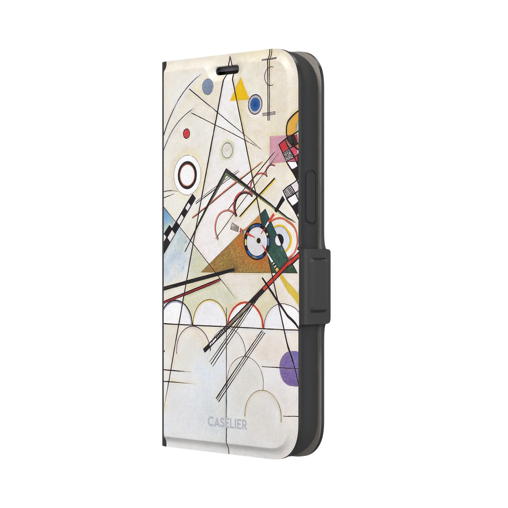 Composition VIII by Wassily Kandinsky phone case featuring intersecting black lines, geometric shapes, and multicolor accents on a cream background, phone case by Caselier — wallet case, right view