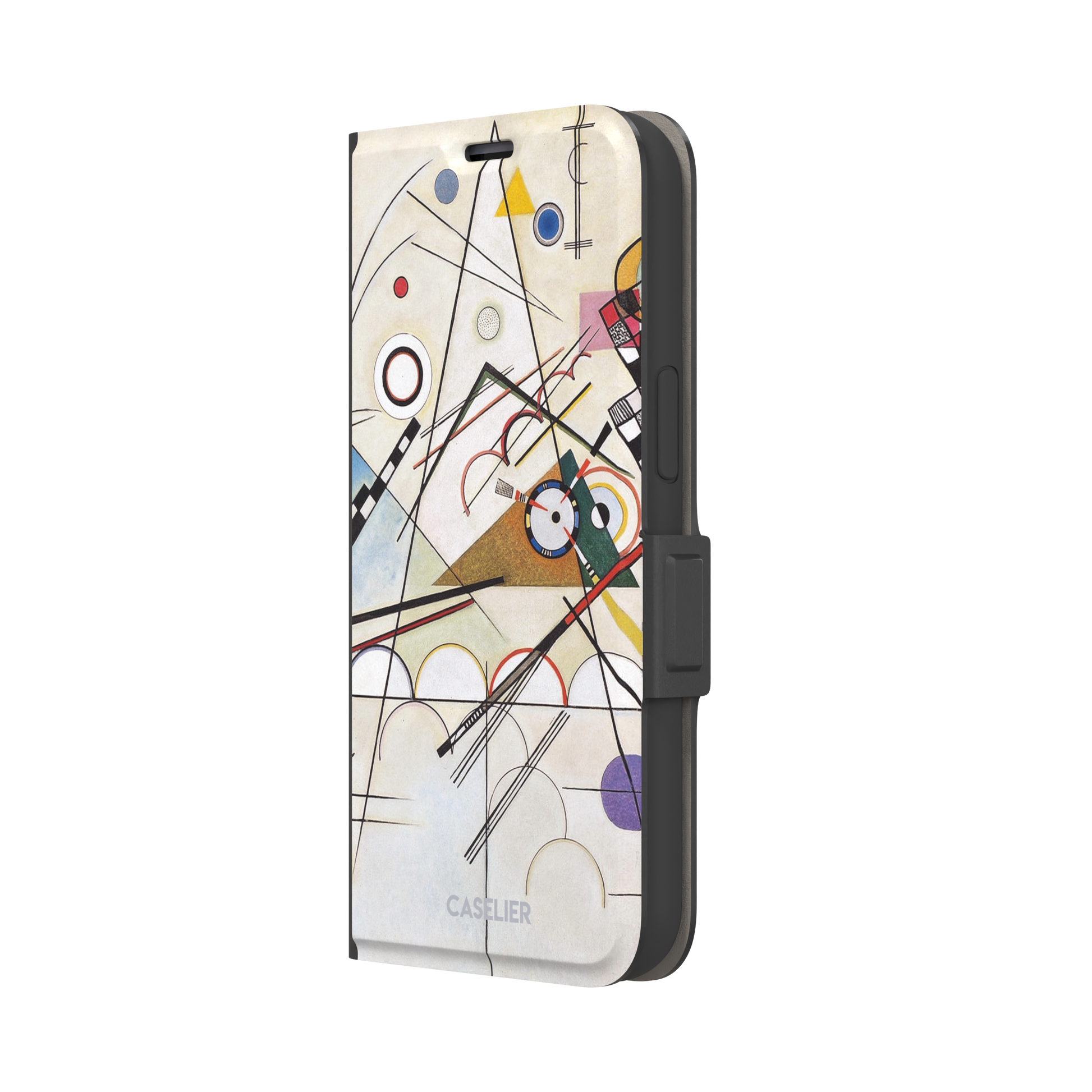 Composition VIII by Wassily Kandinsky phone case featuring intersecting black lines, geometric shapes, and multicolor accents on a cream background, phone case by Caselier — wallet case, right view
