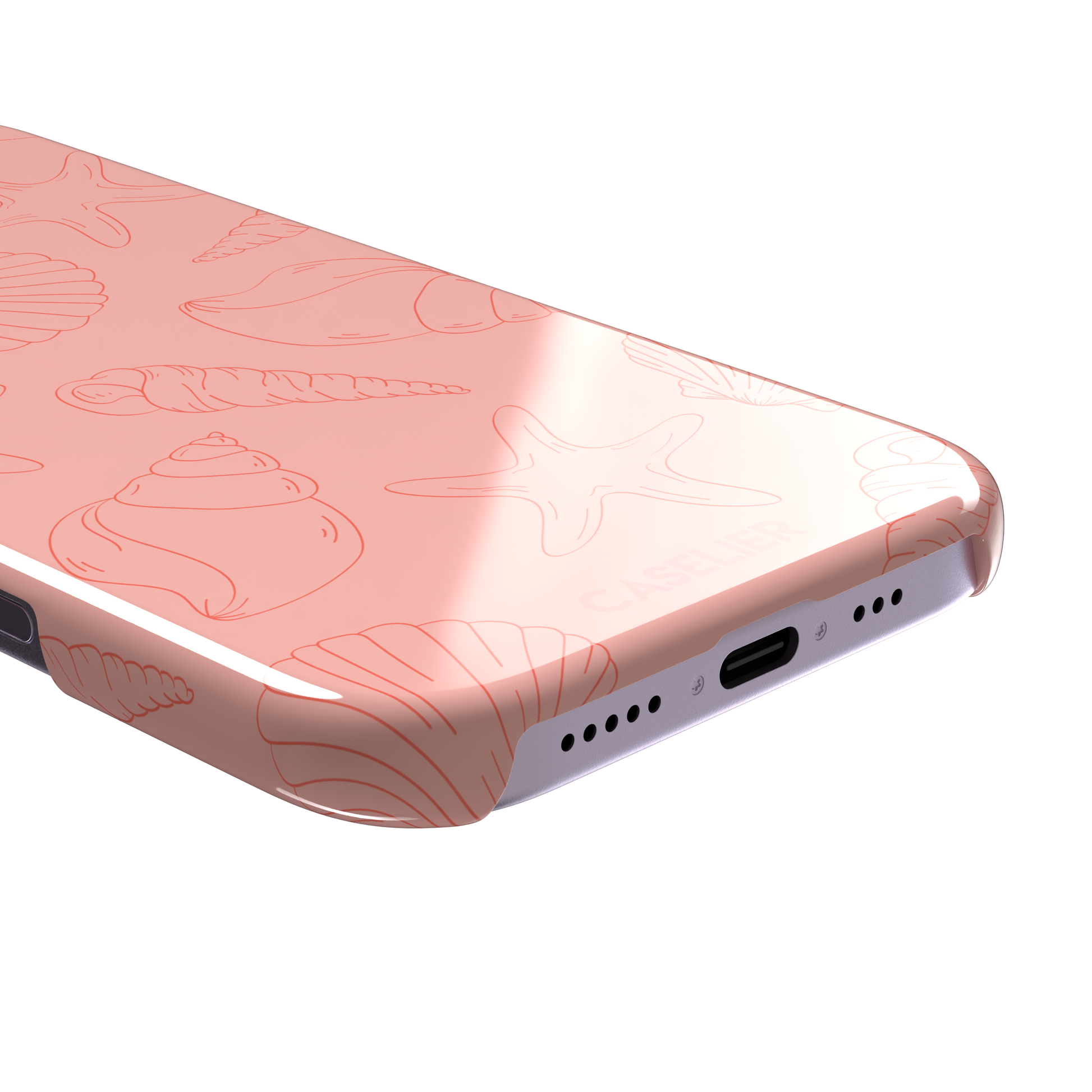 Coquillages coral pink phone case featuring an all-over tonal line-art pattern of seashells, conch spirals, starfish and scallops, by Caselier — snap case, charging port detail