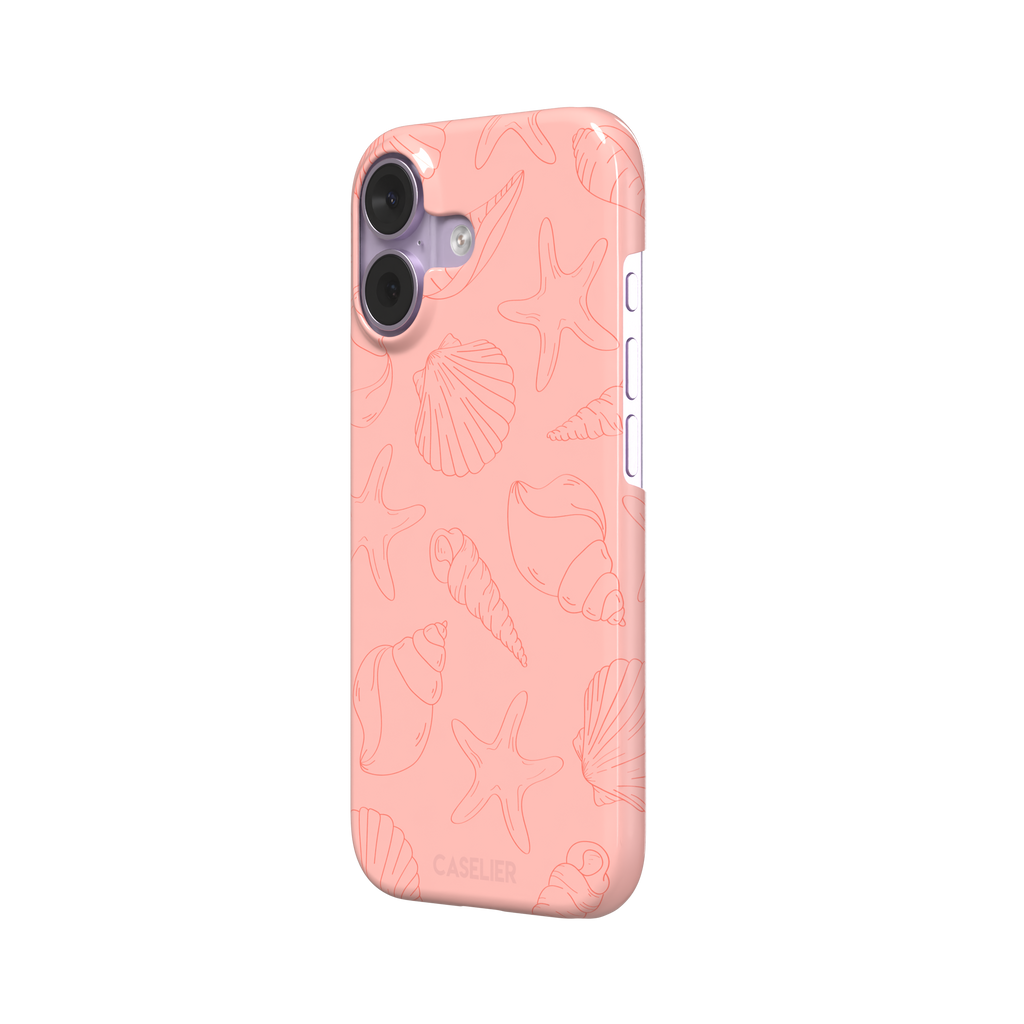 Coquillages coral pink phone case featuring an all-over tonal line-art pattern of seashells, conch spirals, starfish and scallops, by Caselier — snap case, right view