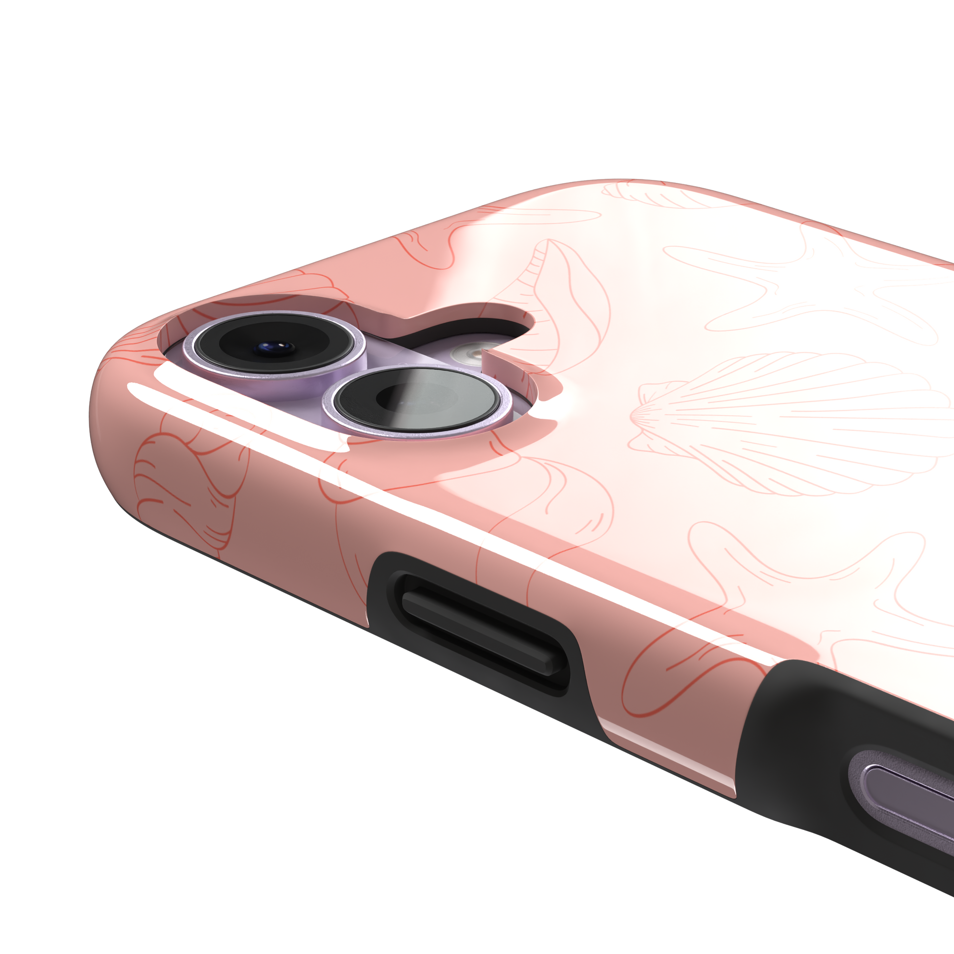 Coquillages coral pink phone case featuring an all-over tonal line-art pattern of seashells, conch spirals, starfish and scallops, by Caselier — tough case, volume buttons detail