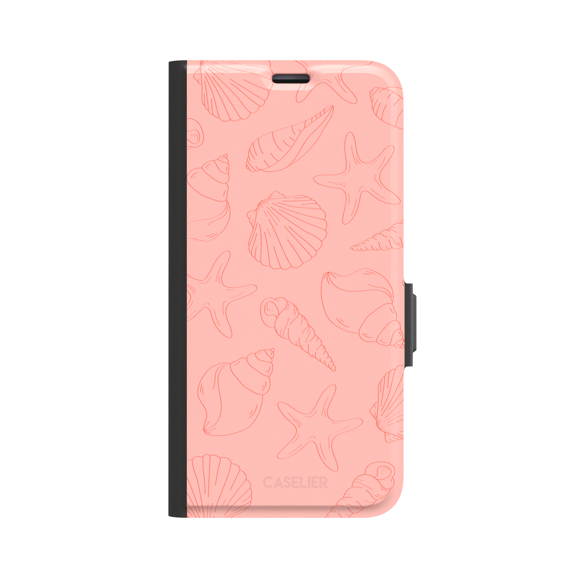 Coquillages coral pink phone case featuring an all-over tonal line-art pattern of seashells, conch spirals, starfish and scallops, by Caselier — wallet case, front view