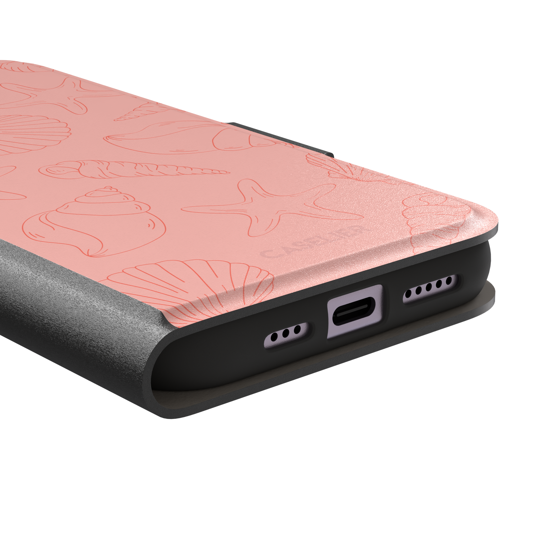 Coquillages coral pink phone case featuring an all-over tonal line-art pattern of seashells, conch spirals, starfish and scallops, by Caselier — wallet case, charging port detail