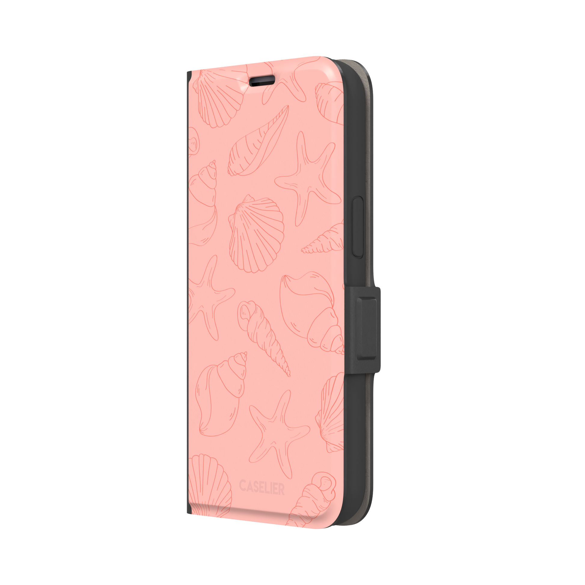 Coquillages coral pink phone case featuring an all-over tonal line-art pattern of seashells, conch spirals, starfish and scallops, by Caselier — wallet case, right view