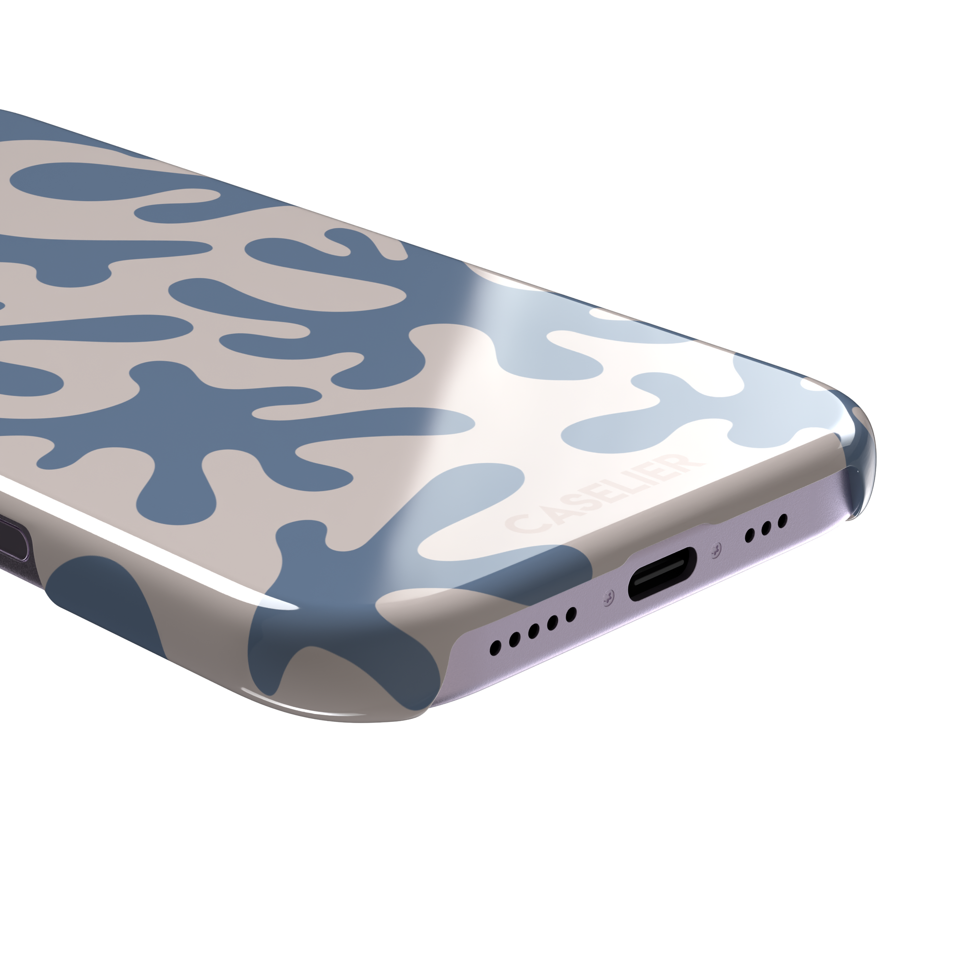 Coral Reef phone case in slate blue and warm beige with an all-over branching coral abstract pattern, phone case by Caselier — snap case, charging port detail
