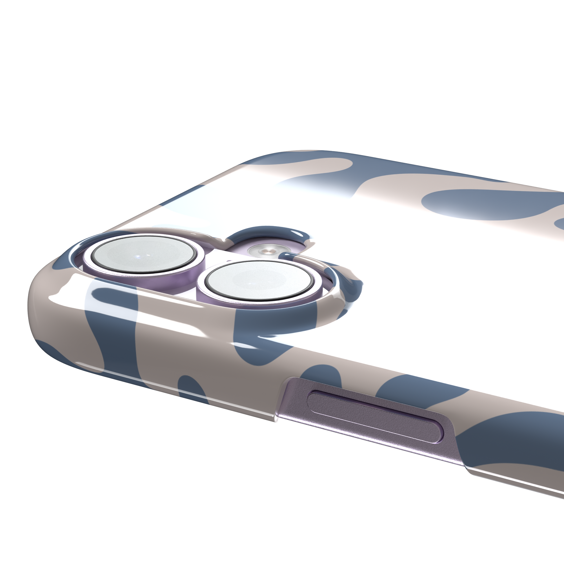 Coral Reef phone case in slate blue and warm beige with an all-over branching coral abstract pattern, phone case by Caselier — snap case, volume buttons detail