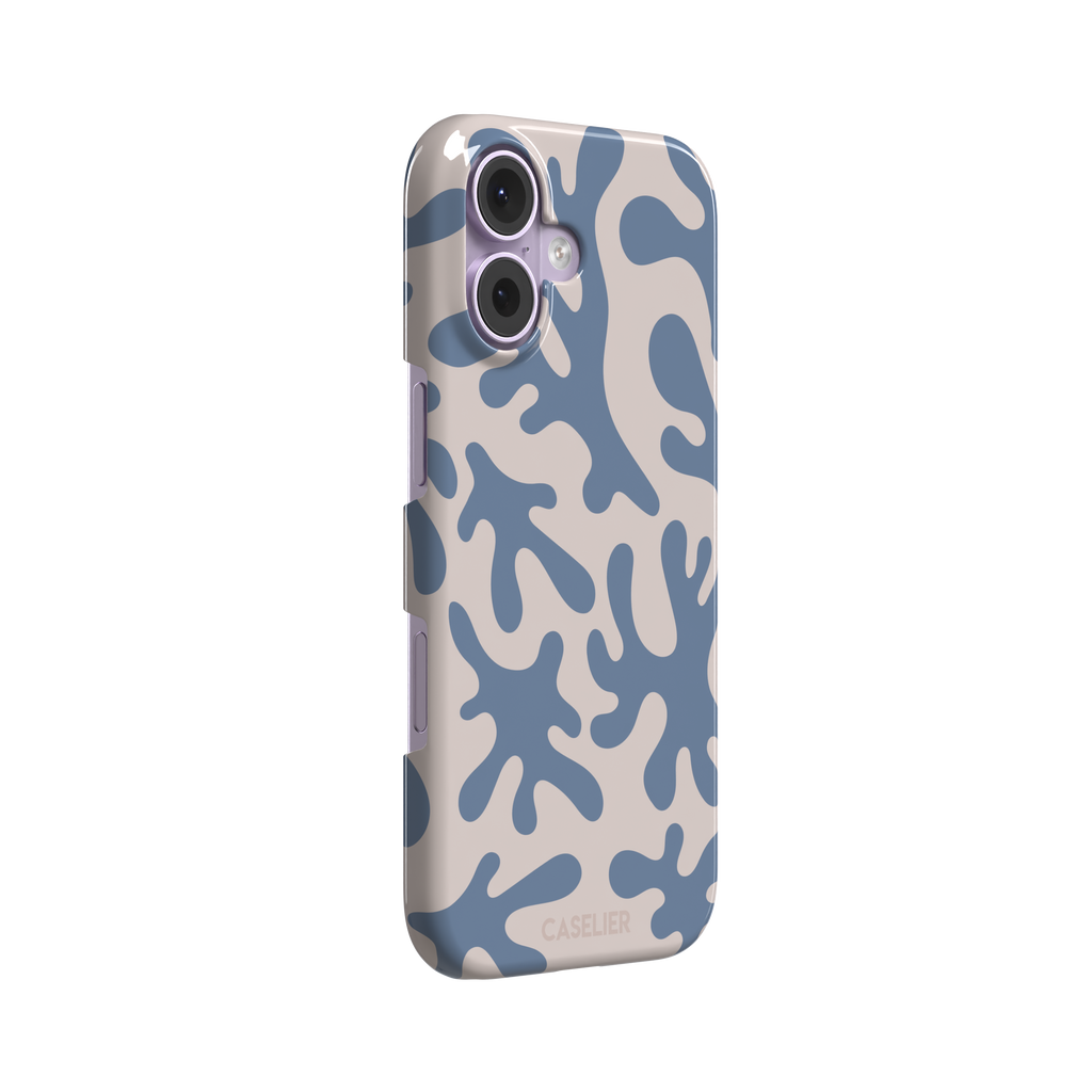 Coral Reef phone case in slate blue and warm beige with an all-over branching coral abstract pattern, phone case by Caselier — snap case, left view