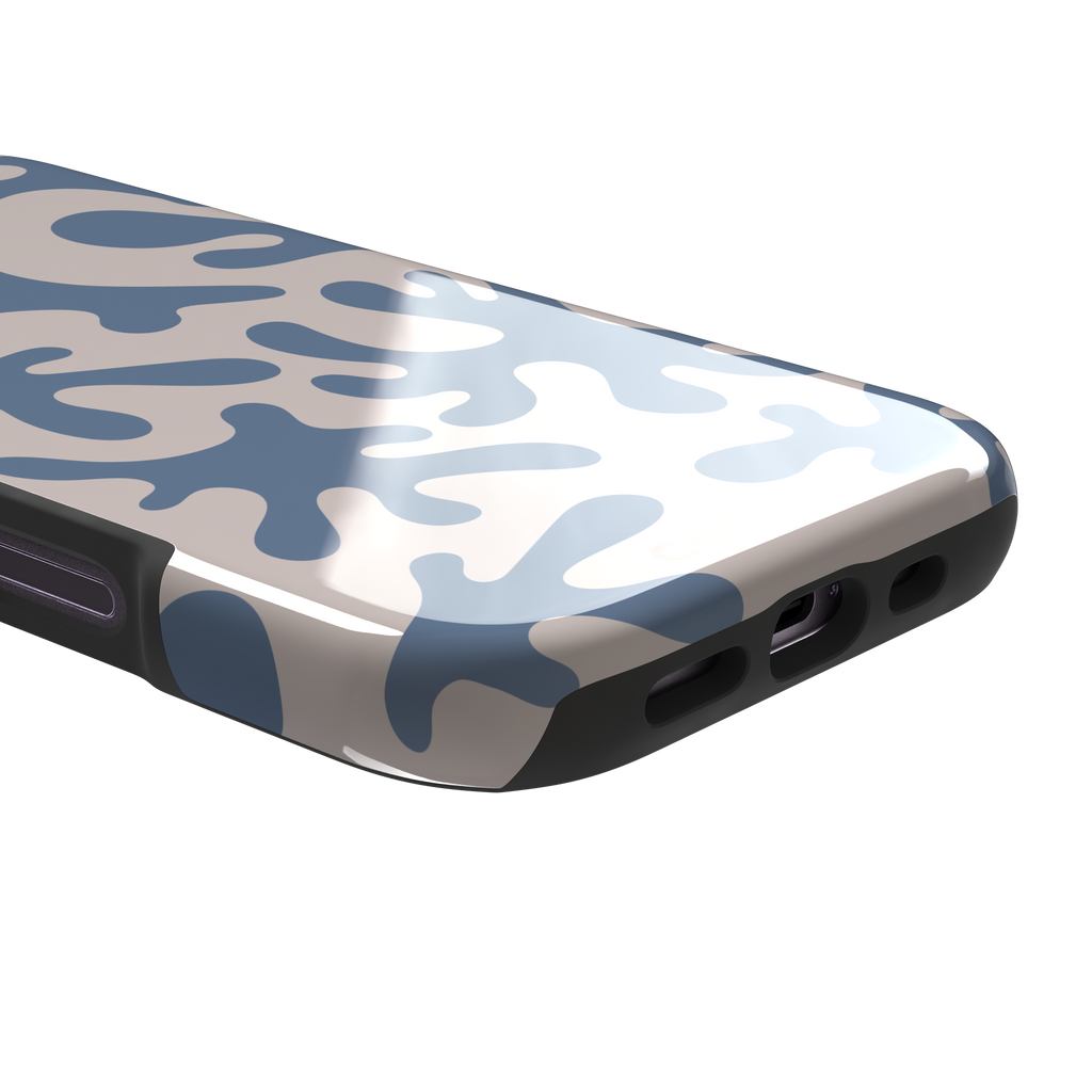 Coral Reef phone case in slate blue and warm beige with an all-over branching coral abstract pattern, phone case by Caselier — tough case, charging port detail