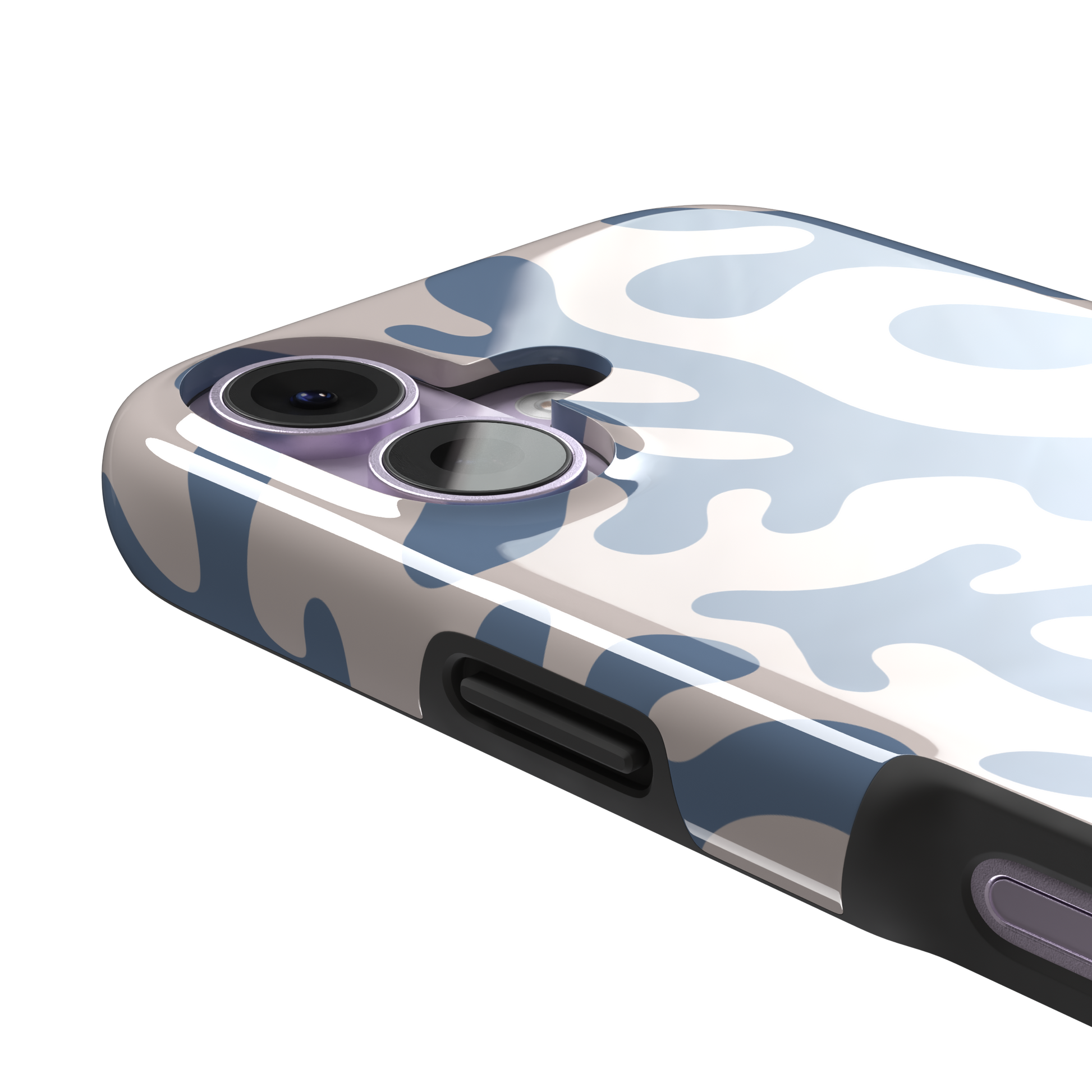 Coral Reef phone case in slate blue and warm beige with an all-over branching coral abstract pattern, phone case by Caselier — tough case, volume buttons detail