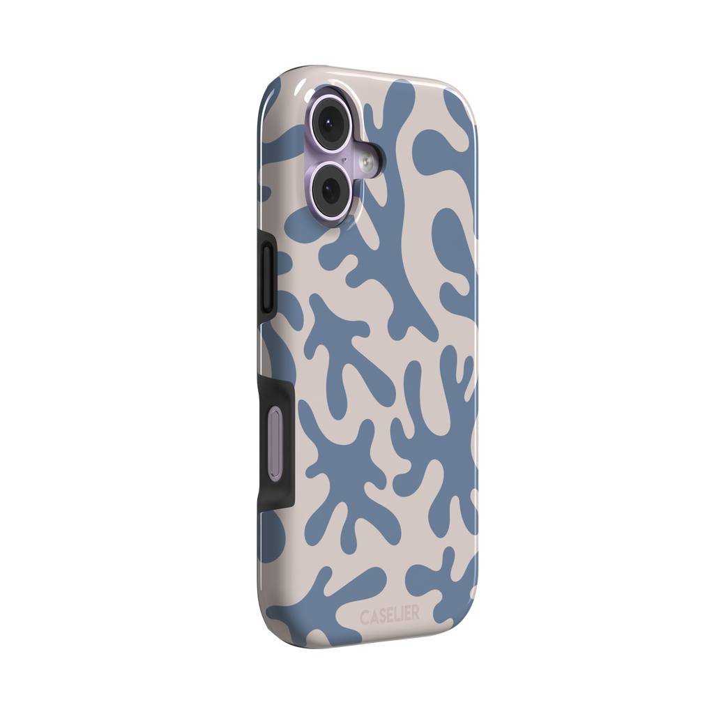Coral Reef phone case in slate blue and warm beige with an all-over branching coral abstract pattern, phone case by Caselier — tough case, left view