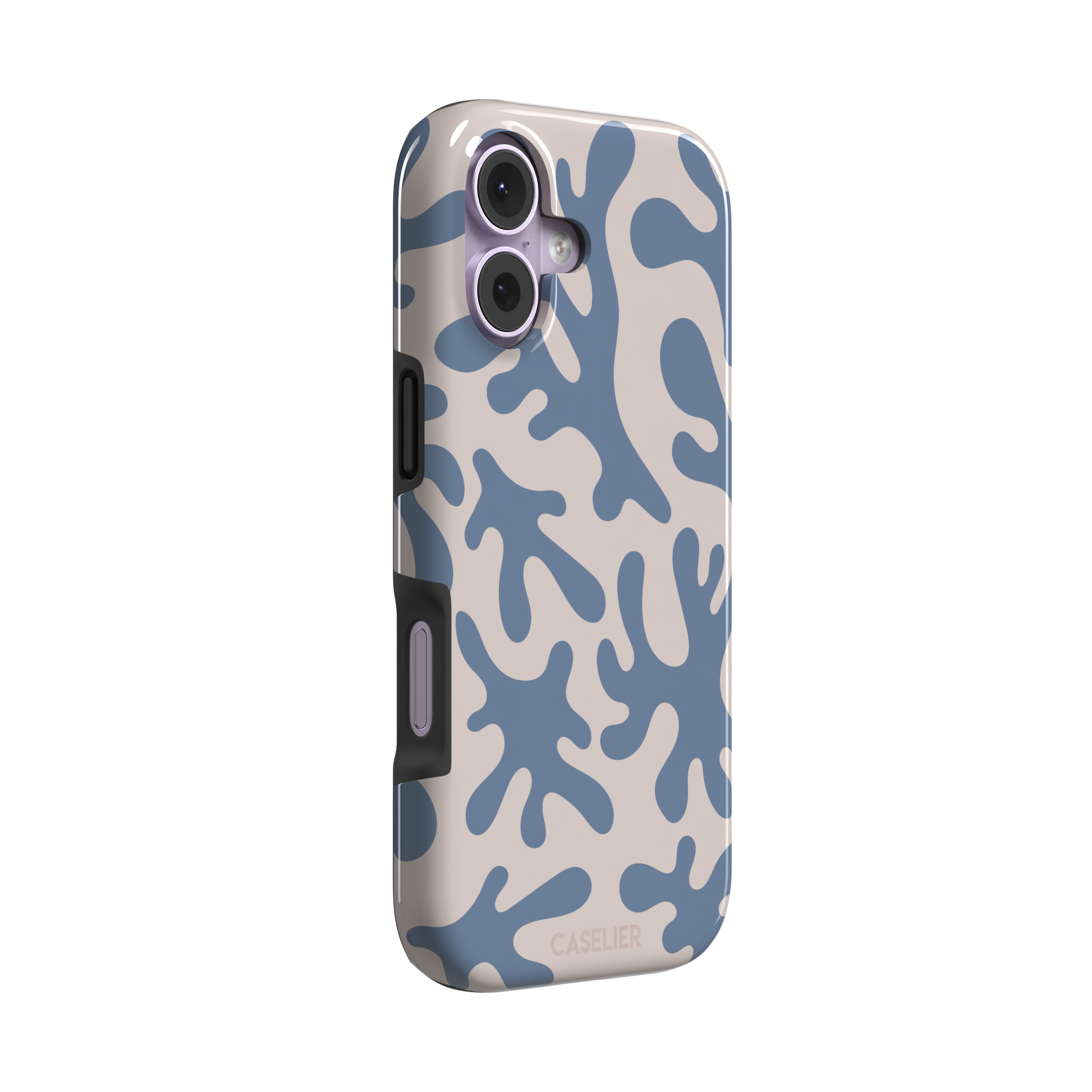 Coral Reef phone case in slate blue and warm beige with an all-over branching coral abstract pattern, phone case by Caselier — tough case, left view