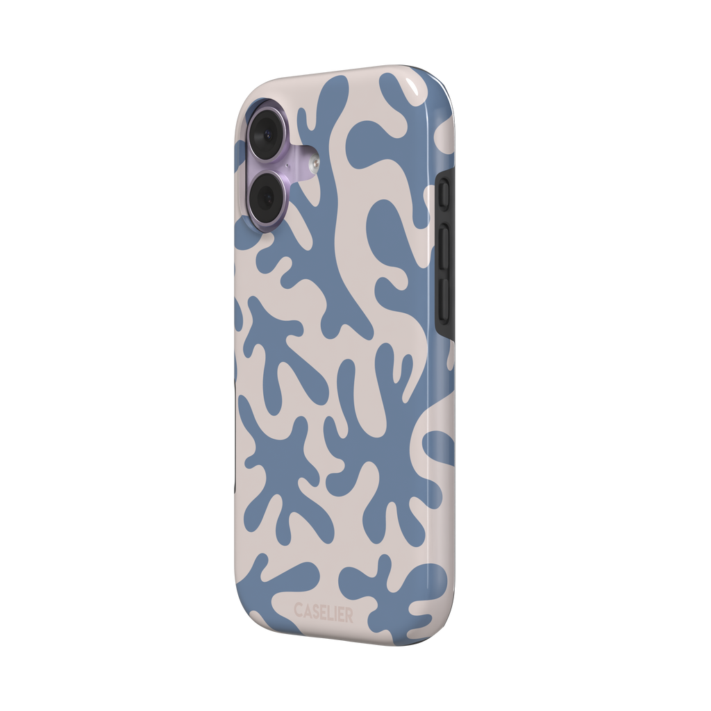 Coral Reef phone case in slate blue and warm beige with an all-over branching coral abstract pattern, phone case by Caselier — tough case, right view