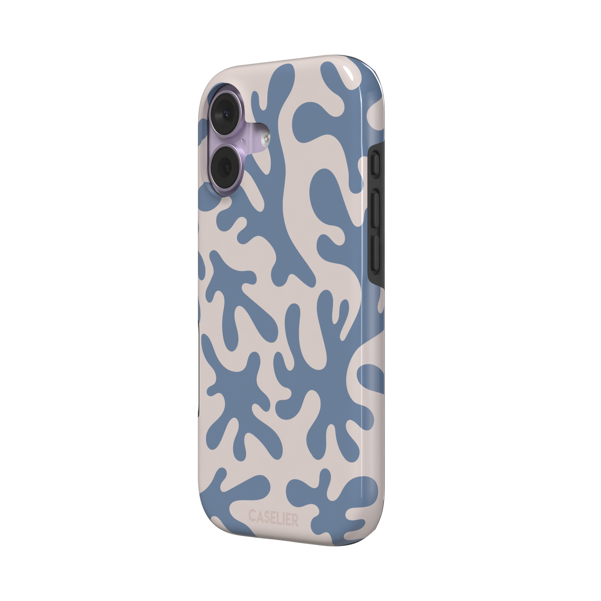 Coral Reef phone case in slate blue and warm beige with an all-over branching coral abstract pattern, phone case by Caselier — tough case, right view