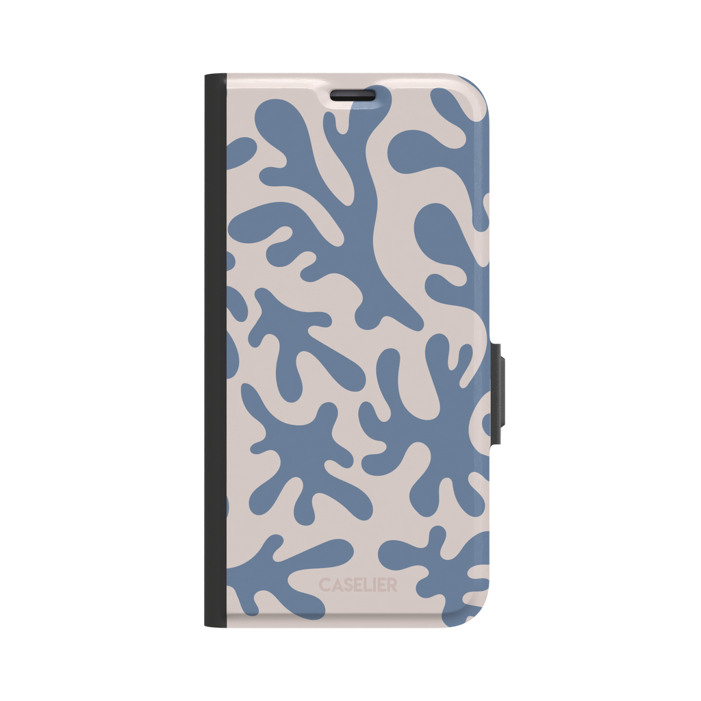 Coral Reef phone case in slate blue and warm beige with an all-over branching coral abstract pattern, phone case by Caselier — wallet case, front view