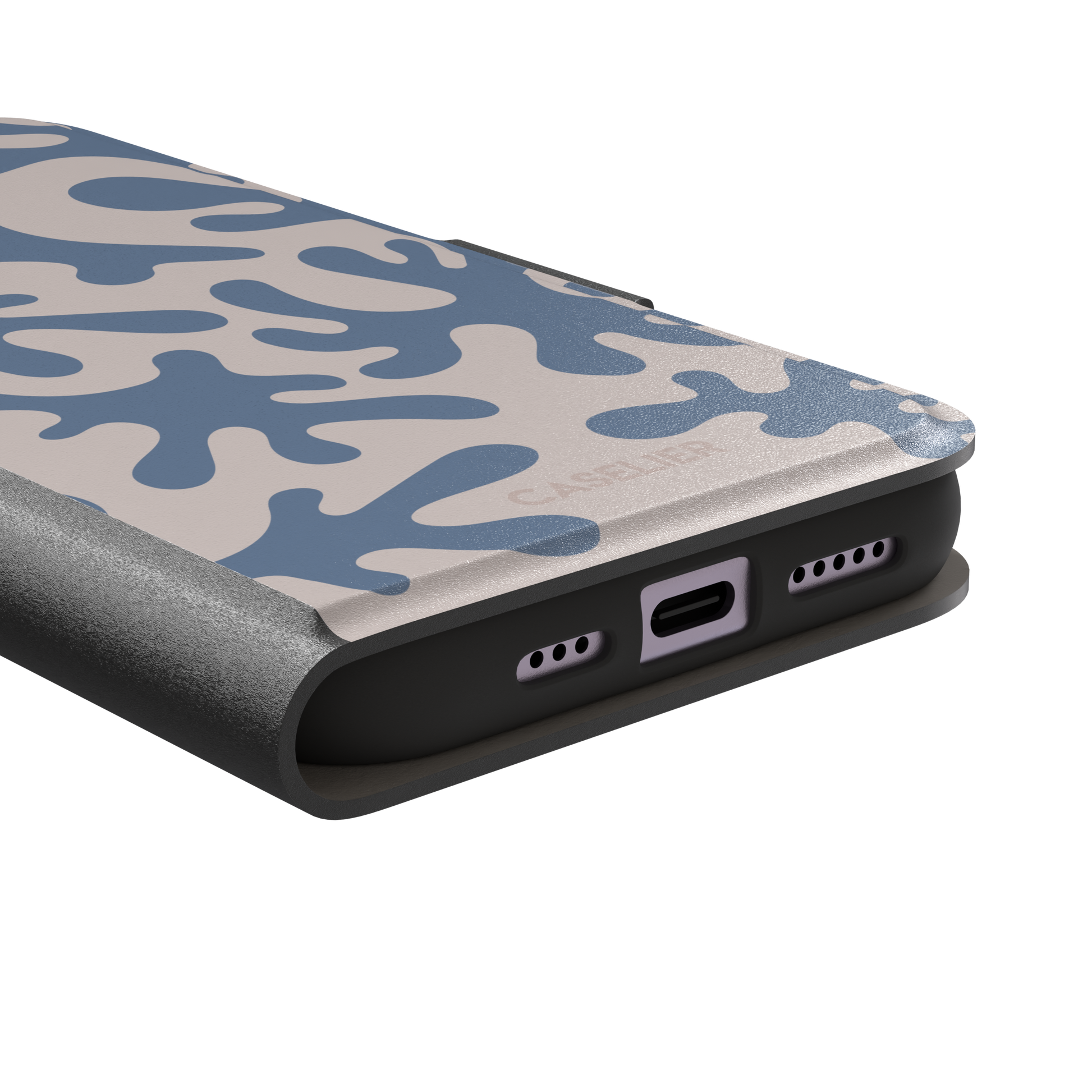 Coral Reef phone case in slate blue and warm beige with an all-over branching coral abstract pattern, phone case by Caselier — wallet case, charging port detail