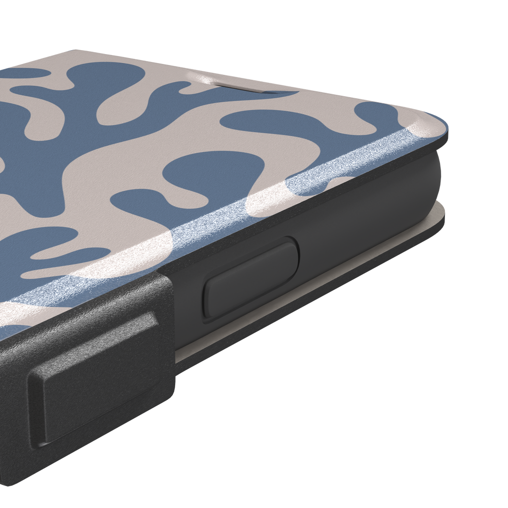 Coral Reef phone case in slate blue and warm beige with an all-over branching coral abstract pattern, phone case by Caselier — wallet case, volume buttons detail