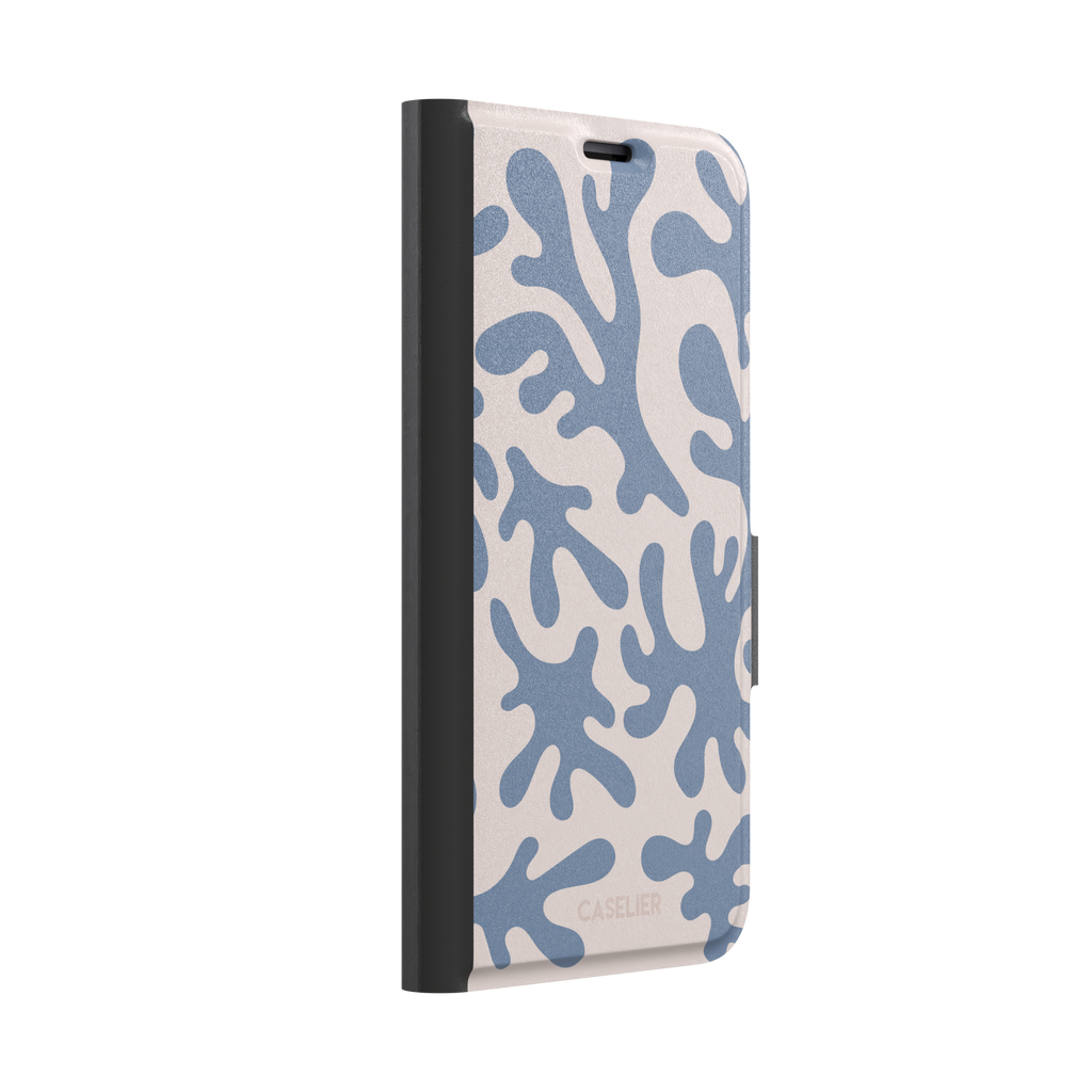 Coral Reef phone case in slate blue and warm beige with an all-over branching coral abstract pattern, phone case by Caselier — wallet case, left view
