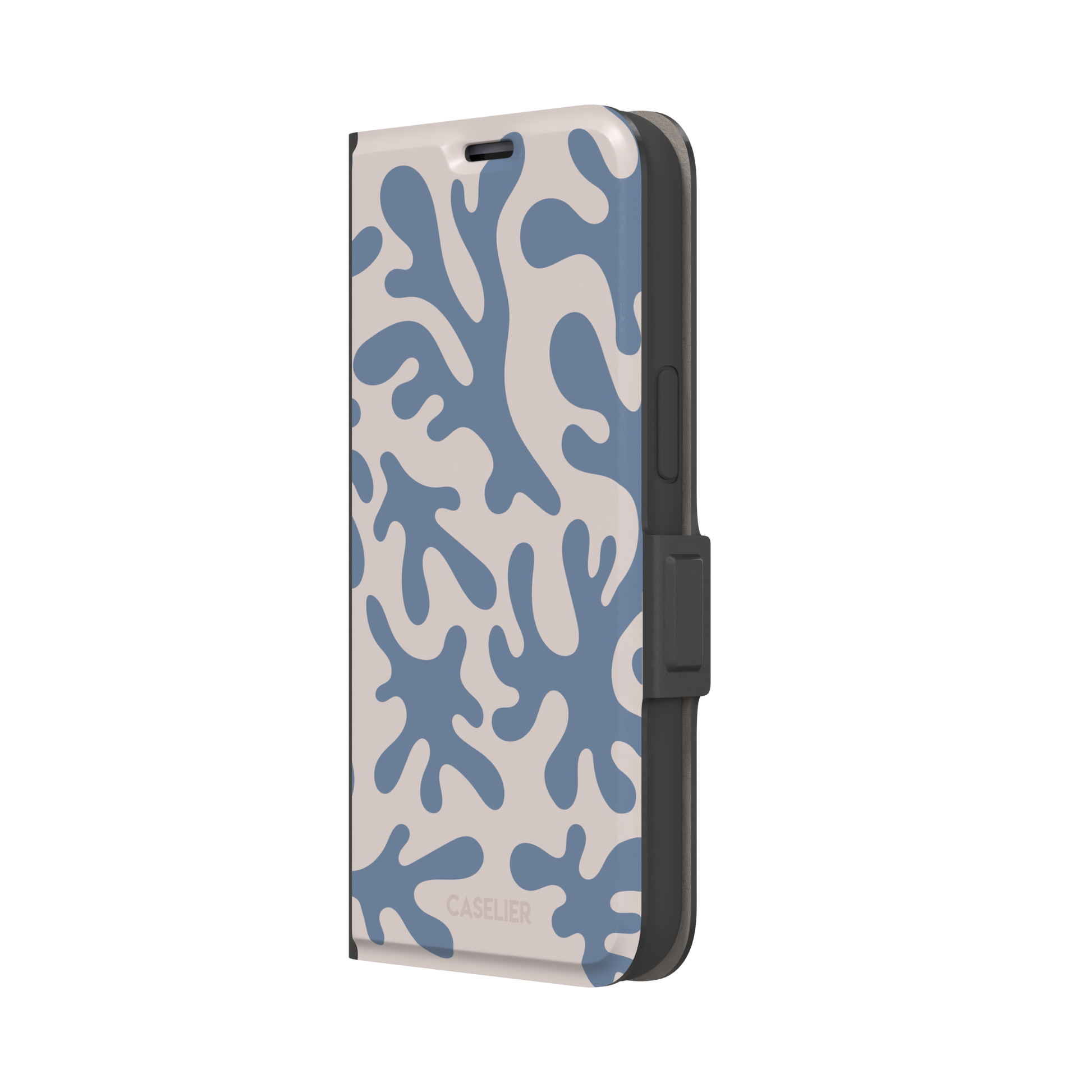 Coral Reef phone case in slate blue and warm beige with an all-over branching coral abstract pattern, phone case by Caselier — wallet case, right view