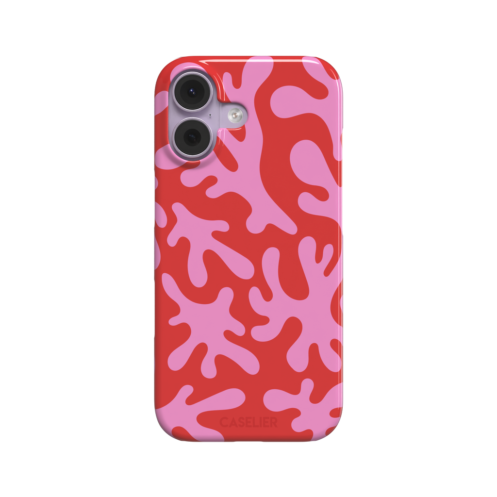 Coral Reef phone case in red and bubblegum pink with an all-over branching coral abstract pattern, phone case by Caselier — snap case, front view