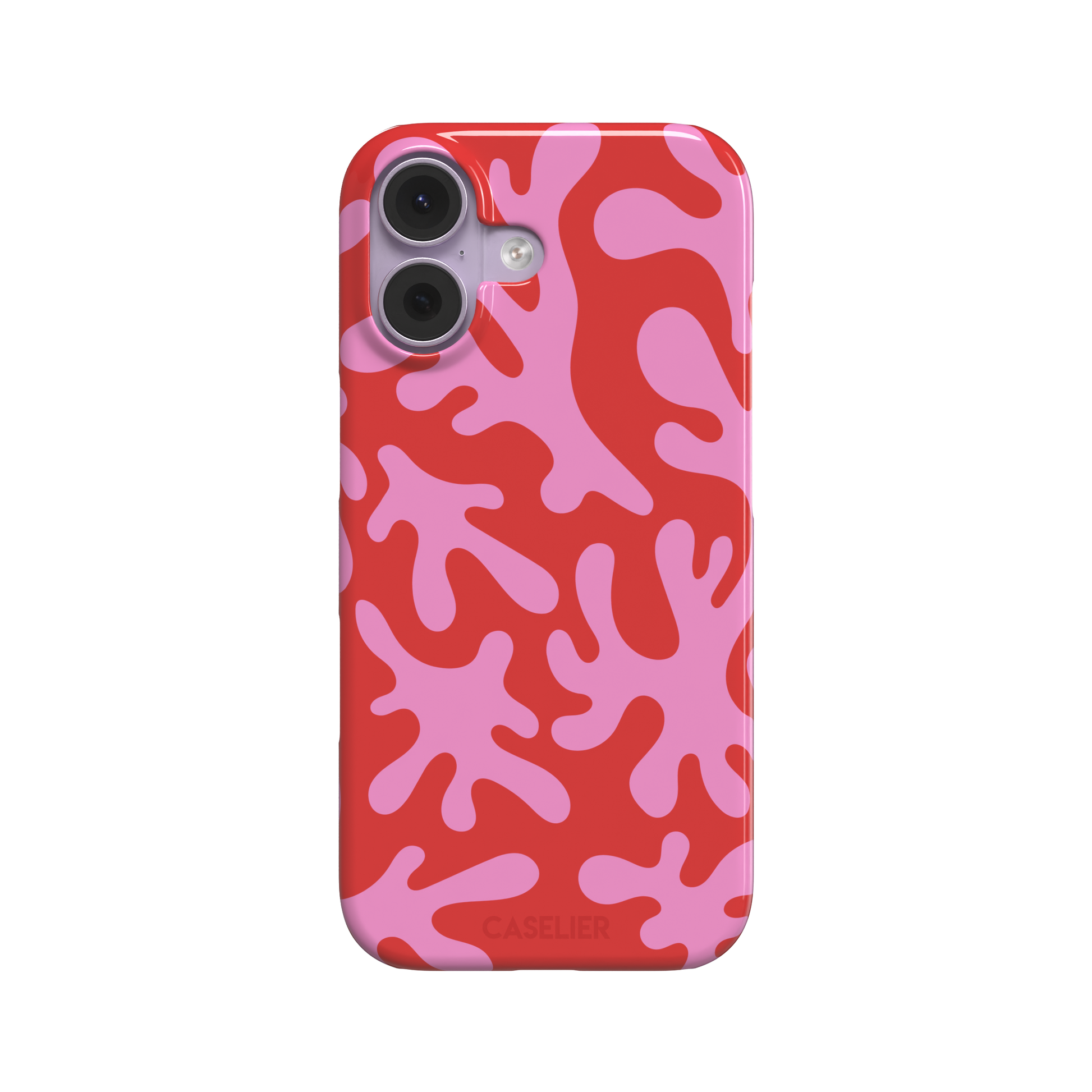 Coral Reef phone case in red and bubblegum pink with an all-over branching coral abstract pattern, phone case by Caselier — snap case, front view