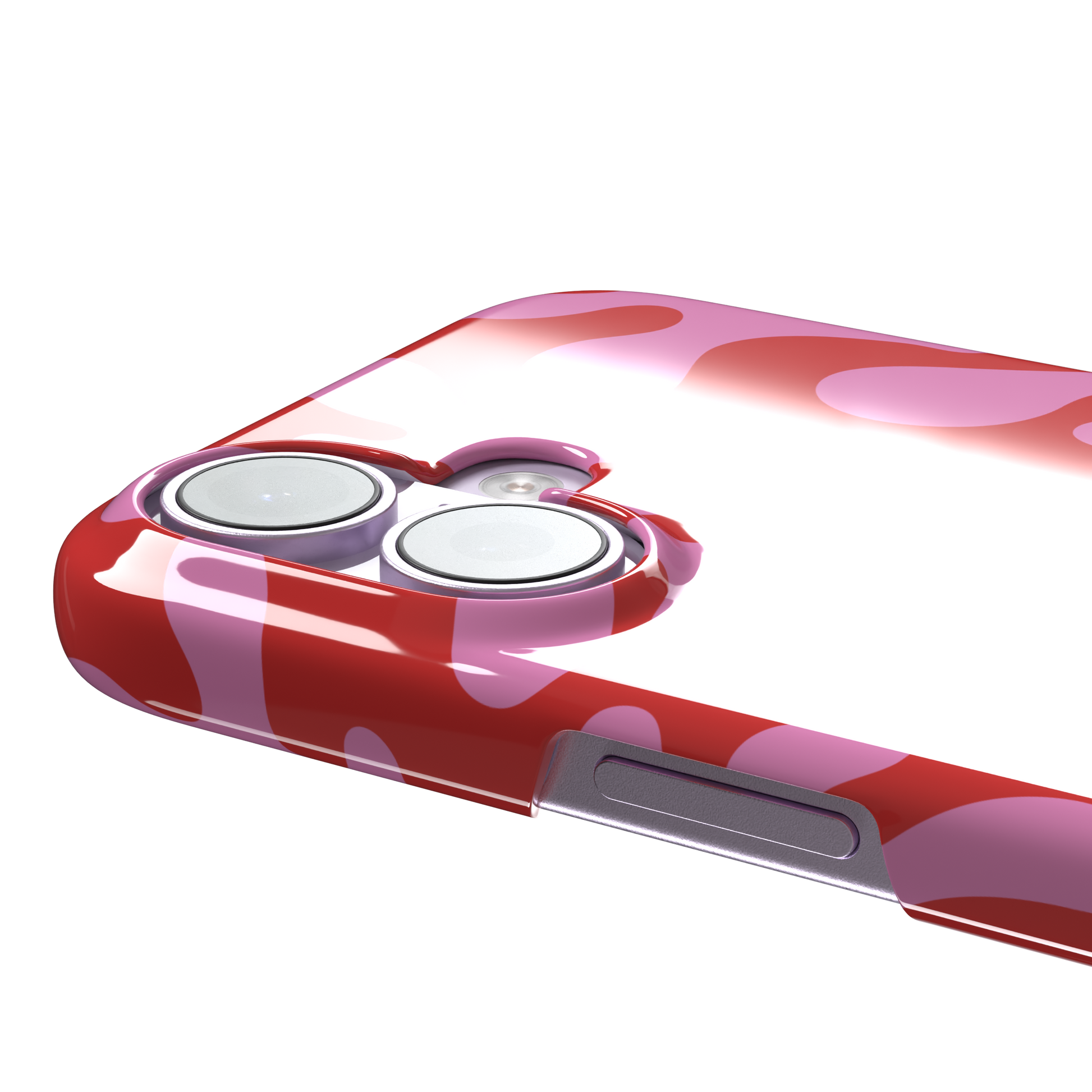 Coral Reef phone case in red and bubblegum pink with an all-over branching coral abstract pattern, phone case by Caselier — snap case, volume buttons detail